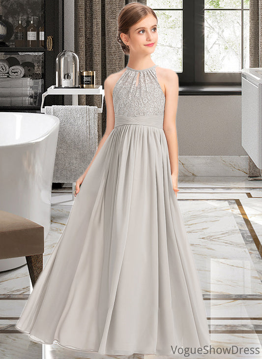 Uerica A-Line Scoop Neck Floor-Length Chiffon Lace Junior Bridesmaid Dress With Ruffle DLP0013409