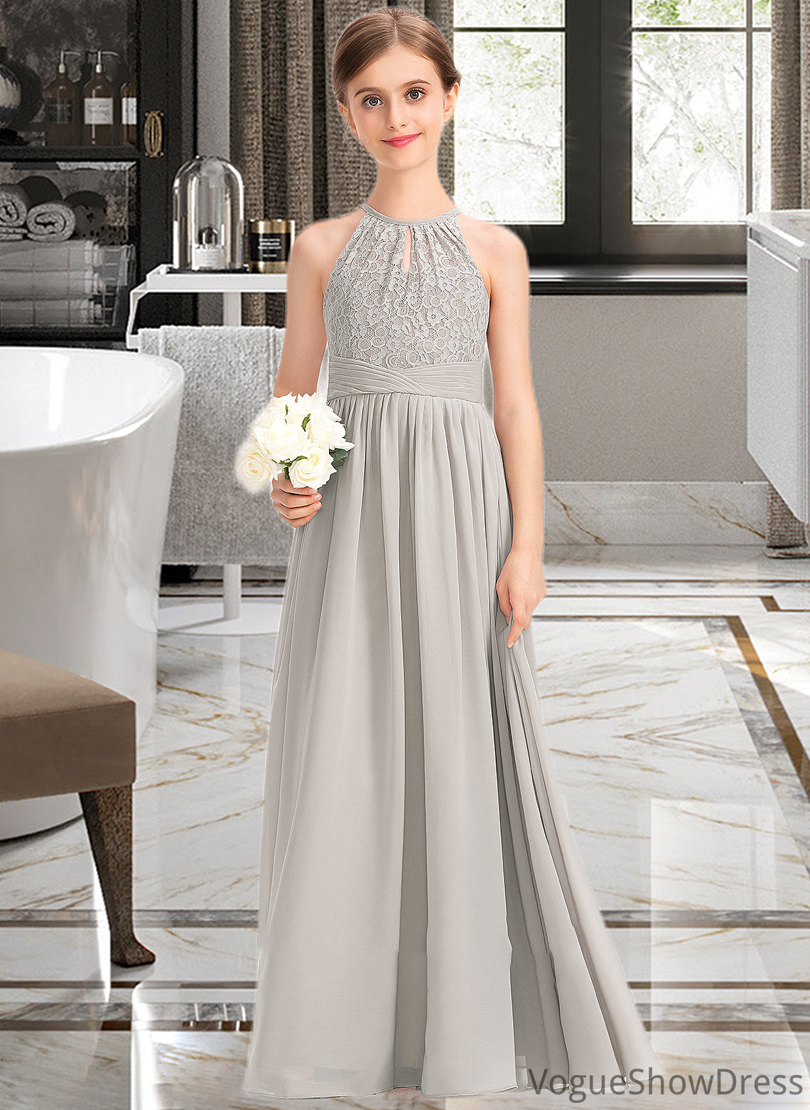 Uerica A-Line Scoop Neck Floor-Length Chiffon Lace Junior Bridesmaid Dress With Ruffle DLP0013409