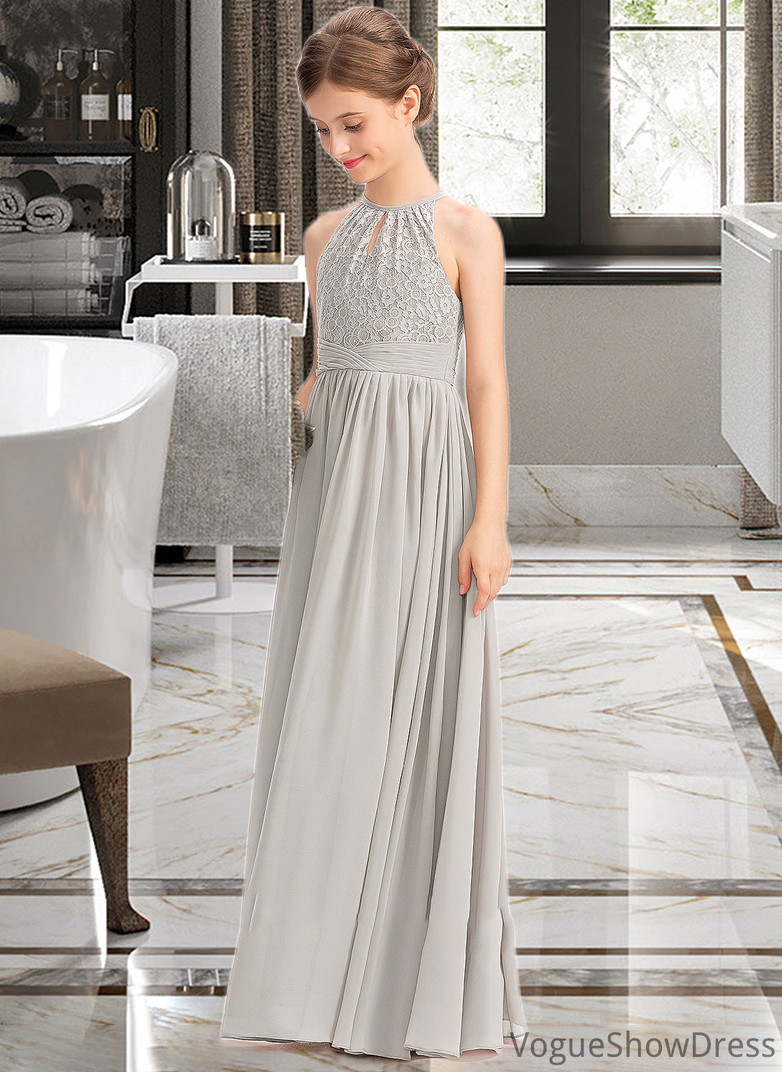 Uerica A-Line Scoop Neck Floor-Length Chiffon Lace Junior Bridesmaid Dress With Ruffle DLP0013409