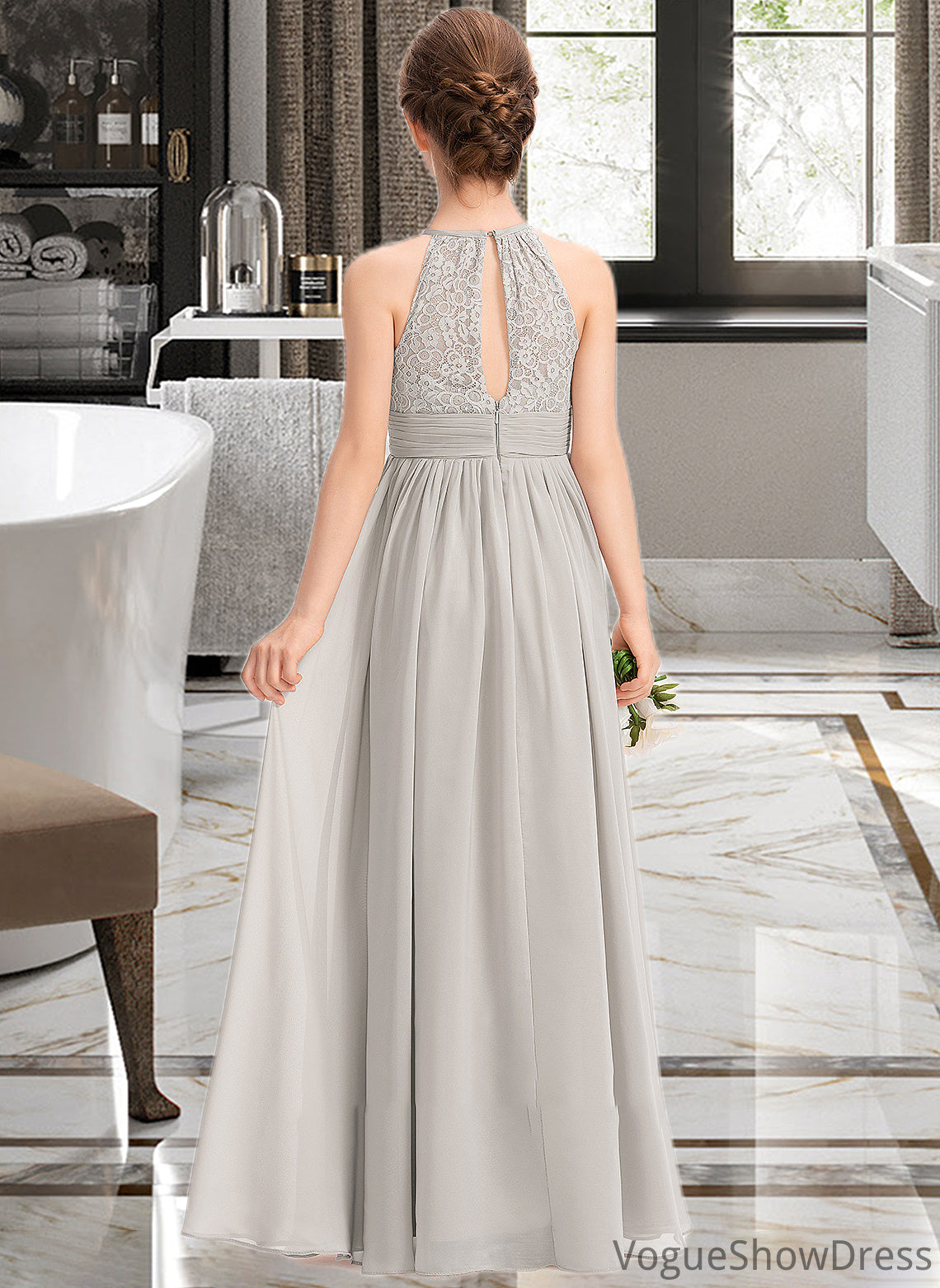 Uerica A-Line Scoop Neck Floor-Length Chiffon Lace Junior Bridesmaid Dress With Ruffle DLP0013409