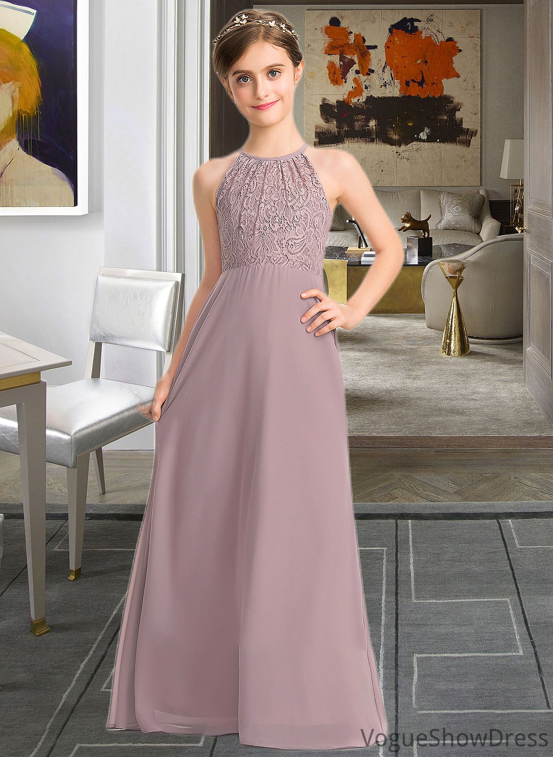 Taryn A-LineScoopNeckFloor-LengthChiffonLaceJuniorBridesmaidDressWithRuffle#173272 DLP0013416