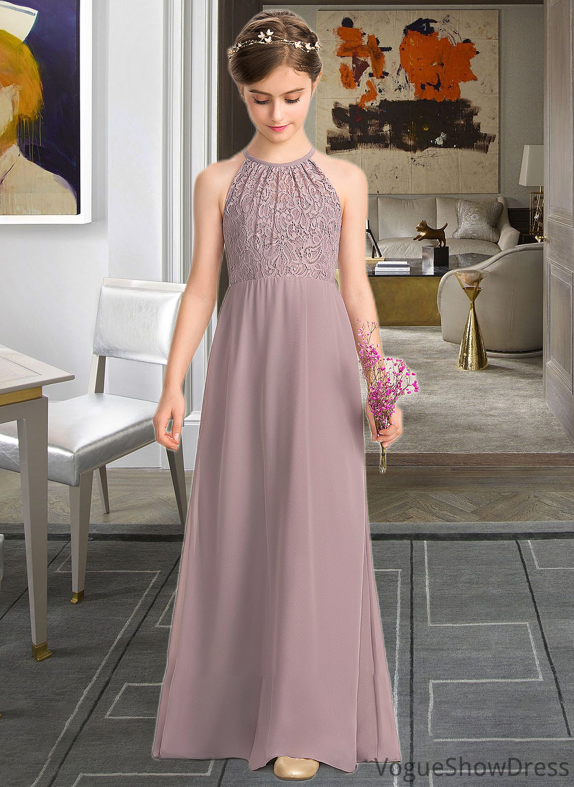 Taryn A-LineScoopNeckFloor-LengthChiffonLaceJuniorBridesmaidDressWithRuffle#173272 DLP0013416