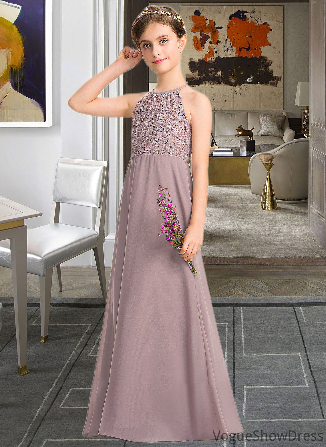 Taryn A-LineScoopNeckFloor-LengthChiffonLaceJuniorBridesmaidDressWithRuffle#173272 DLP0013416