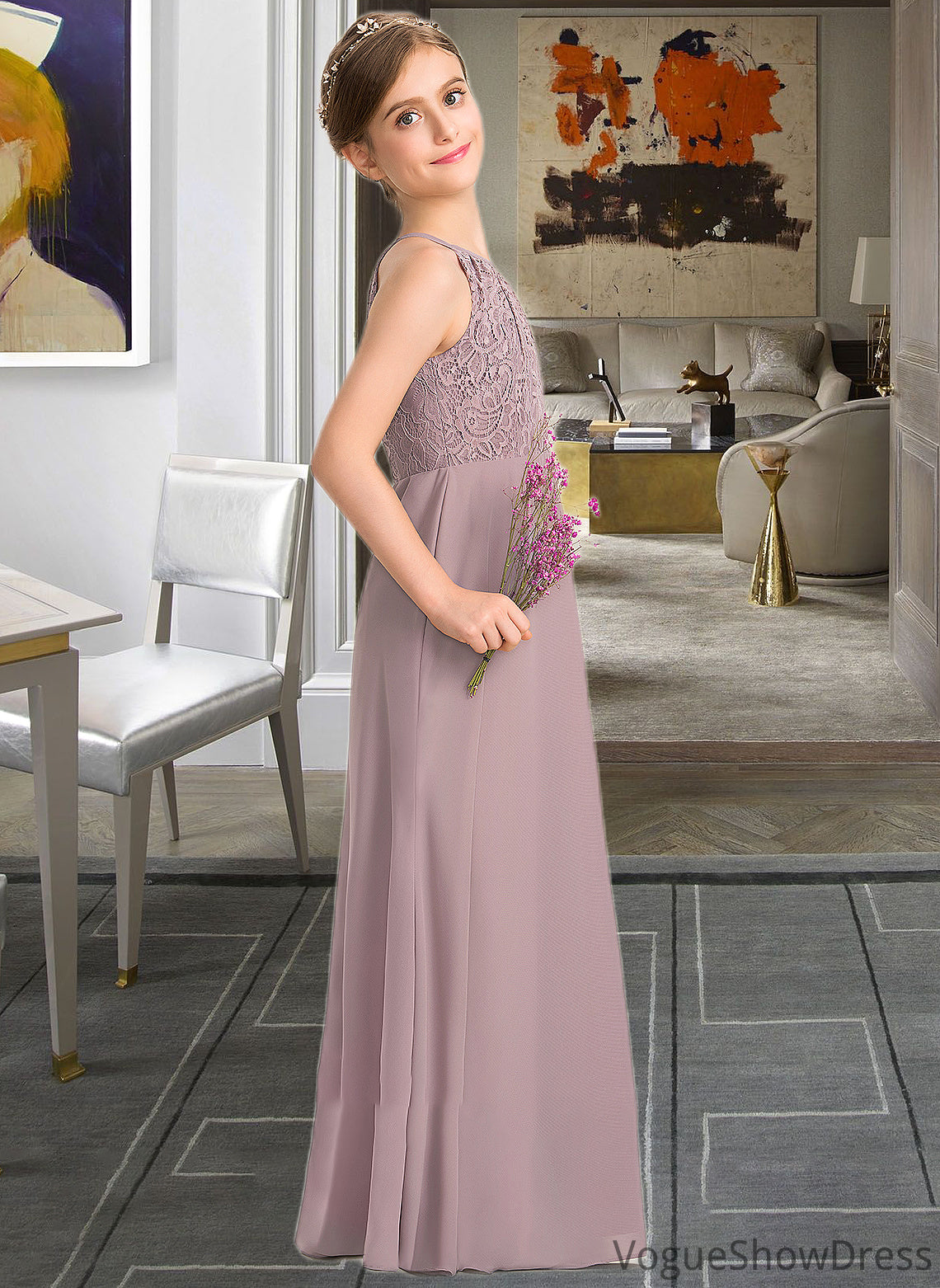 Taryn A-LineScoopNeckFloor-LengthChiffonLaceJuniorBridesmaidDressWithRuffle#173272 DLP0013416