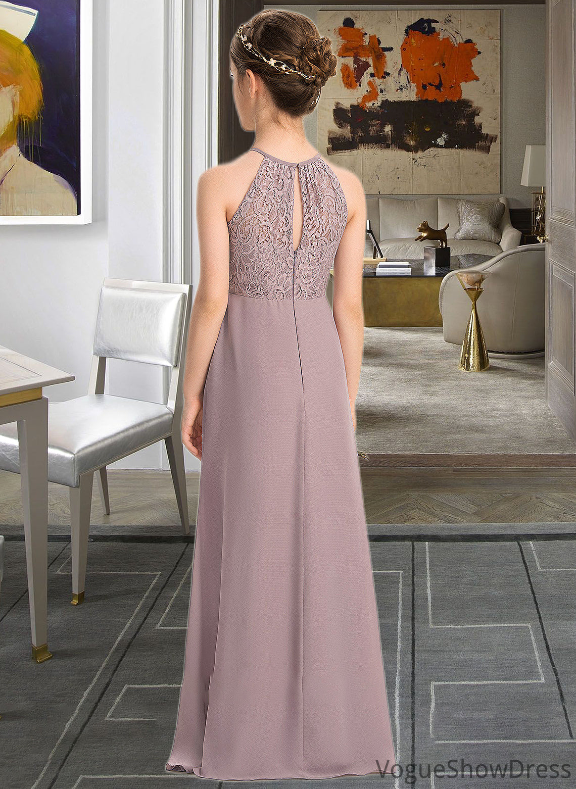 Taryn A-LineScoopNeckFloor-LengthChiffonLaceJuniorBridesmaidDressWithRuffle#173272 DLP0013416