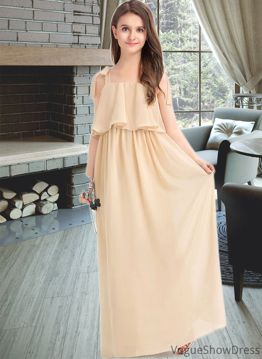 Valeria A-Line Square Neckline Floor-Length Chiffon Junior Bridesmaid Dress With Bow(s) Cascading Ruffles DLP0013428