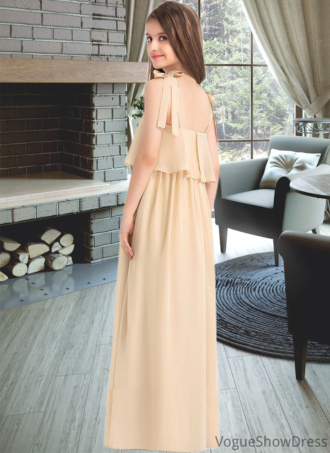 Valeria A-Line Square Neckline Floor-Length Chiffon Junior Bridesmaid Dress With Bow(s) Cascading Ruffles DLP0013428