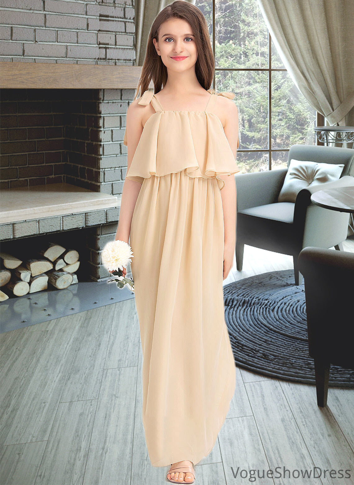 Valeria A-Line Square Neckline Floor-Length Chiffon Junior Bridesmaid Dress With Bow(s) Cascading Ruffles DLP0013428