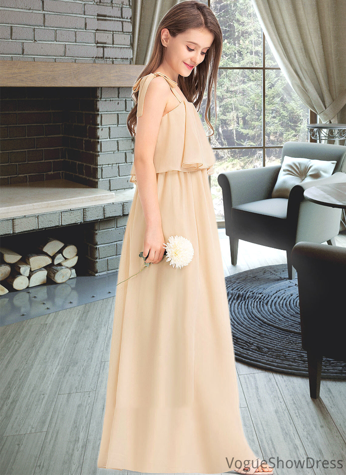 Valeria A-Line Square Neckline Floor-Length Chiffon Junior Bridesmaid Dress With Bow(s) Cascading Ruffles DLP0013428