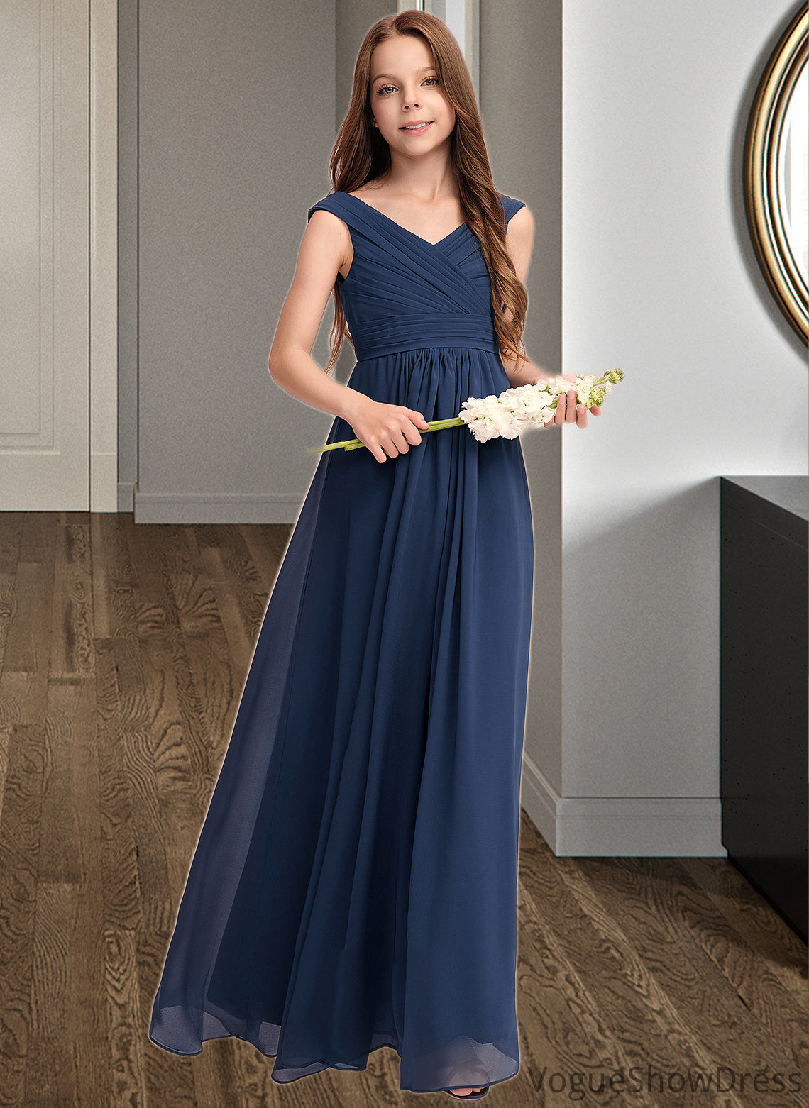 Tamara A-Line Off-the-Shoulder Floor-Length Chiffon Junior Bridesmaid Dress With Ruffles DLP0013436