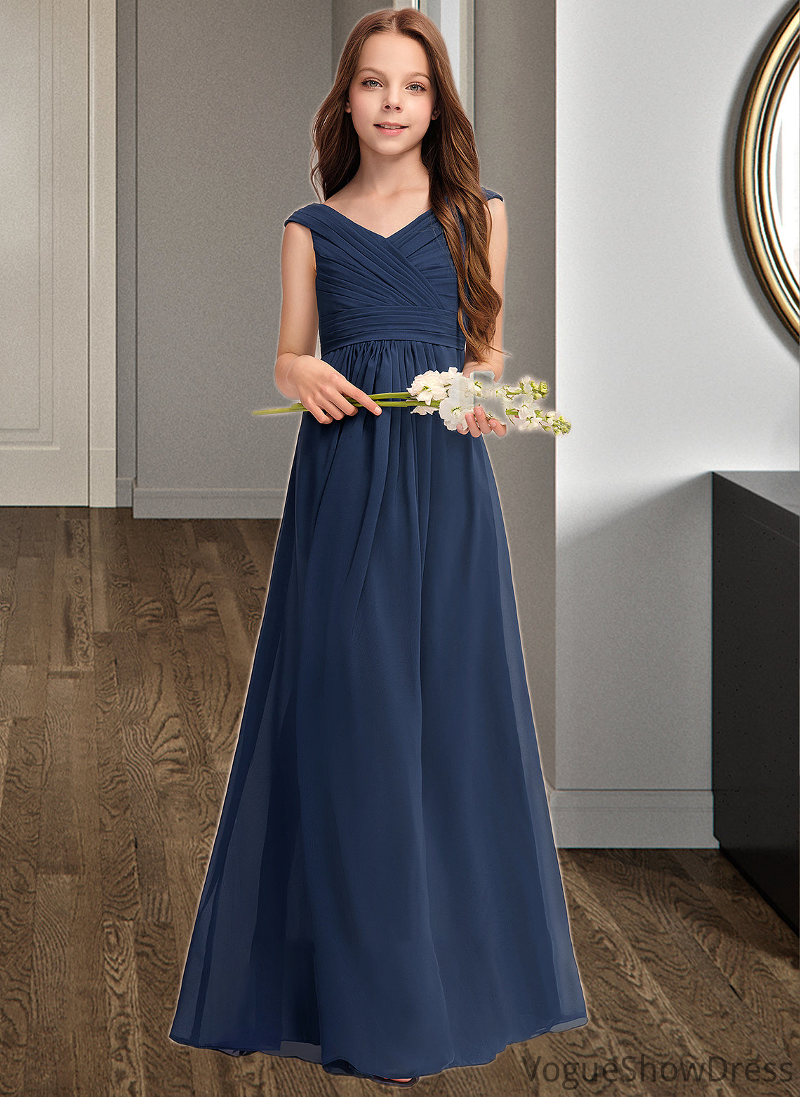 Tamara A-Line Off-the-Shoulder Floor-Length Chiffon Junior Bridesmaid Dress With Ruffles DLP0013436