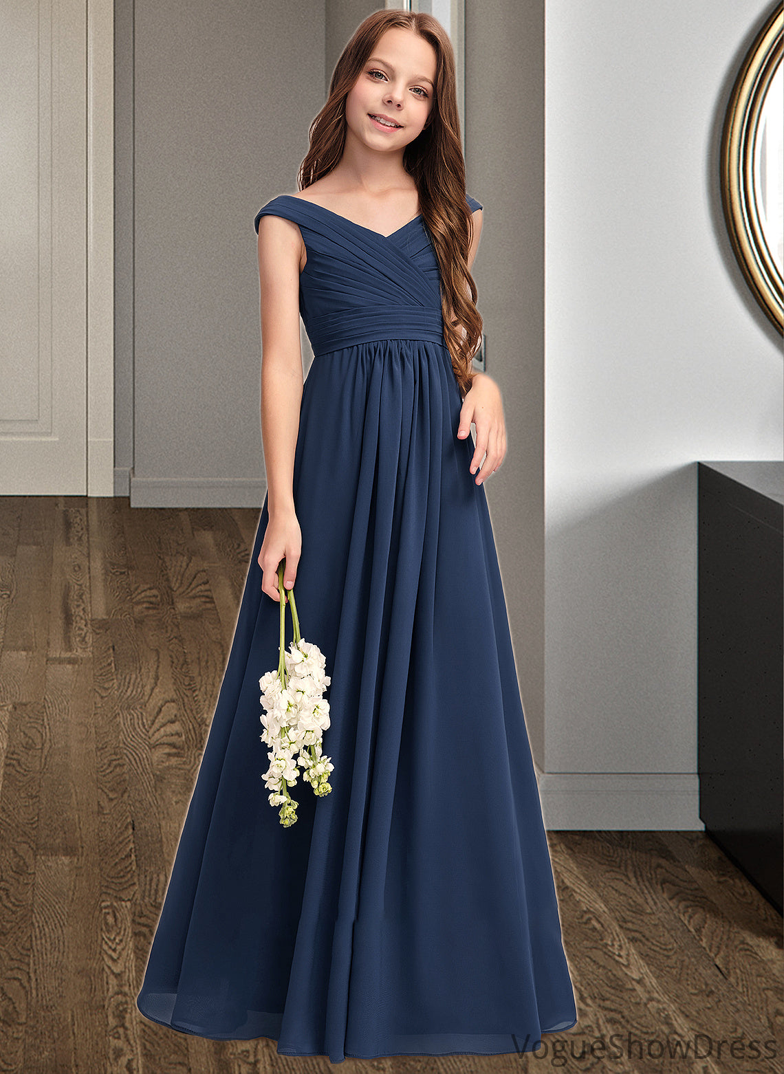 Tamara A-Line Off-the-Shoulder Floor-Length Chiffon Junior Bridesmaid Dress With Ruffles DLP0013436