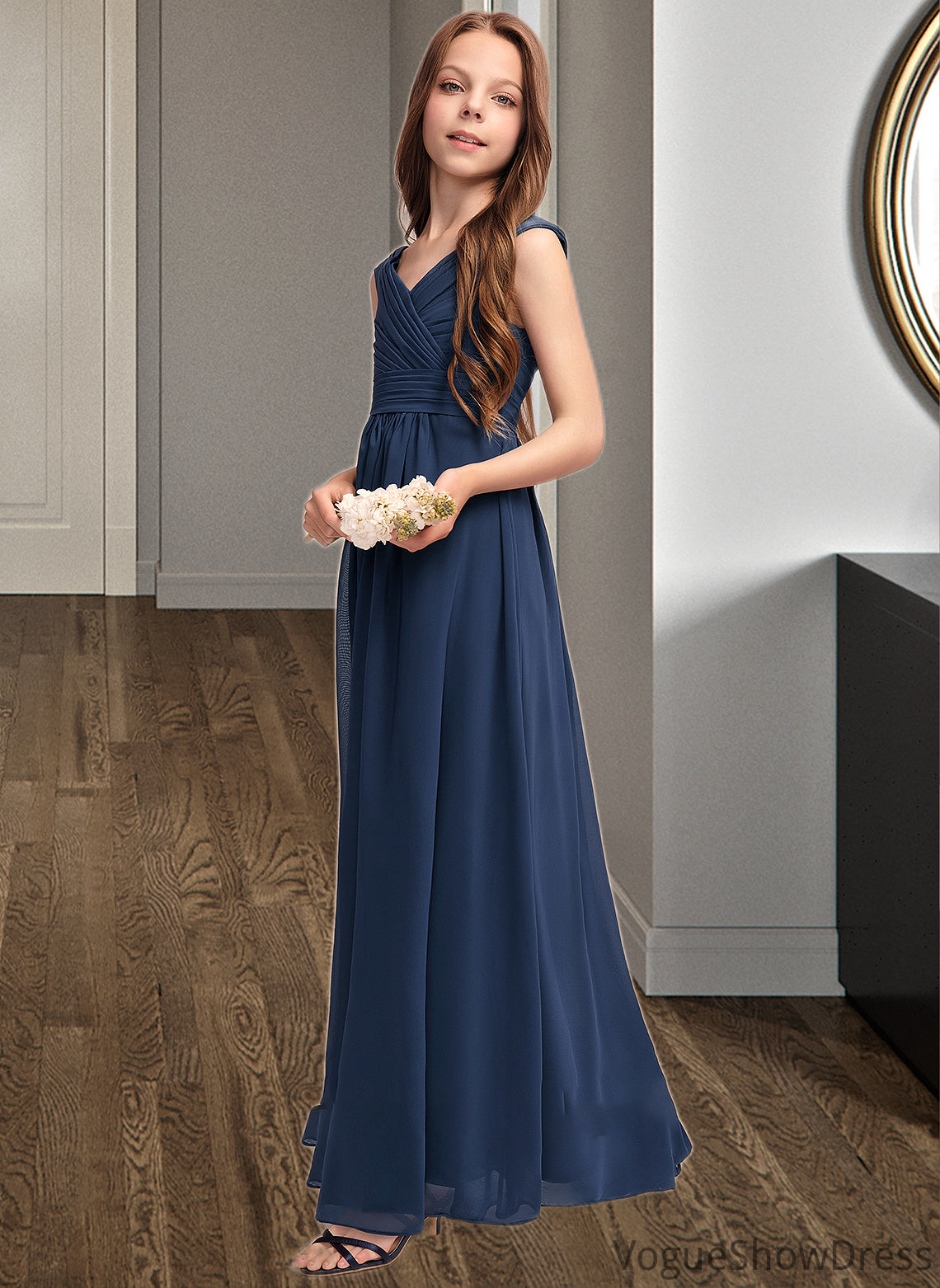 Tamara A-Line Off-the-Shoulder Floor-Length Chiffon Junior Bridesmaid Dress With Ruffles DLP0013436