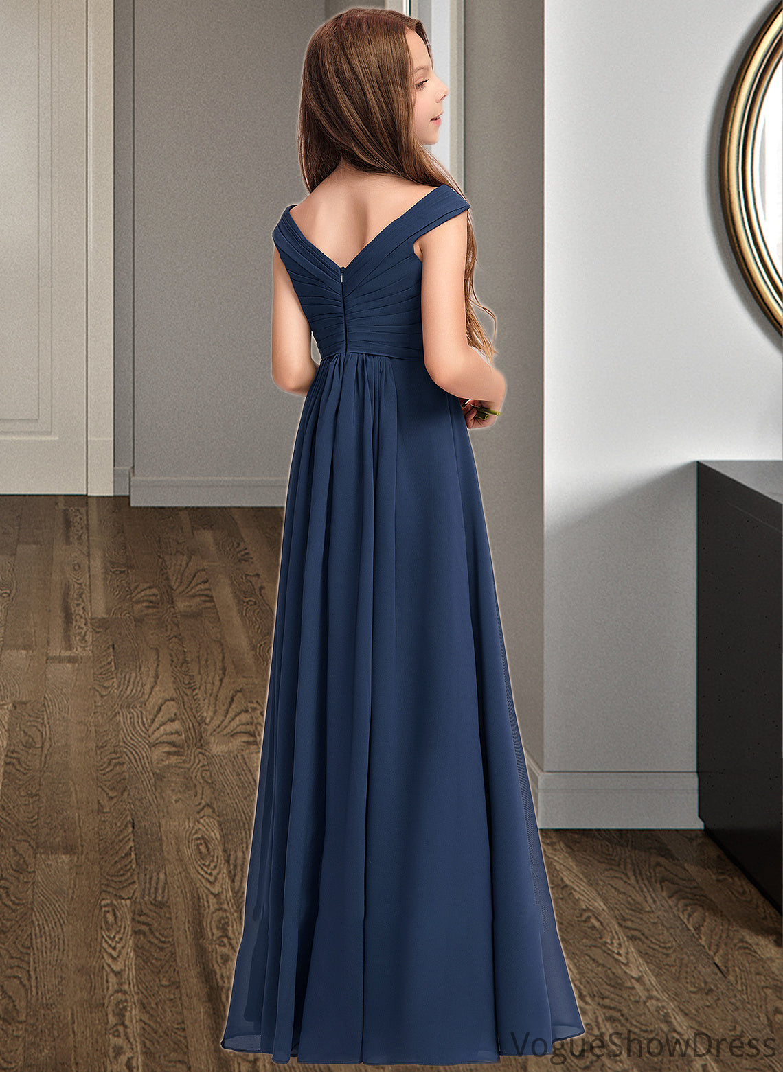 Tamara A-Line Off-the-Shoulder Floor-Length Chiffon Junior Bridesmaid Dress With Ruffles DLP0013436