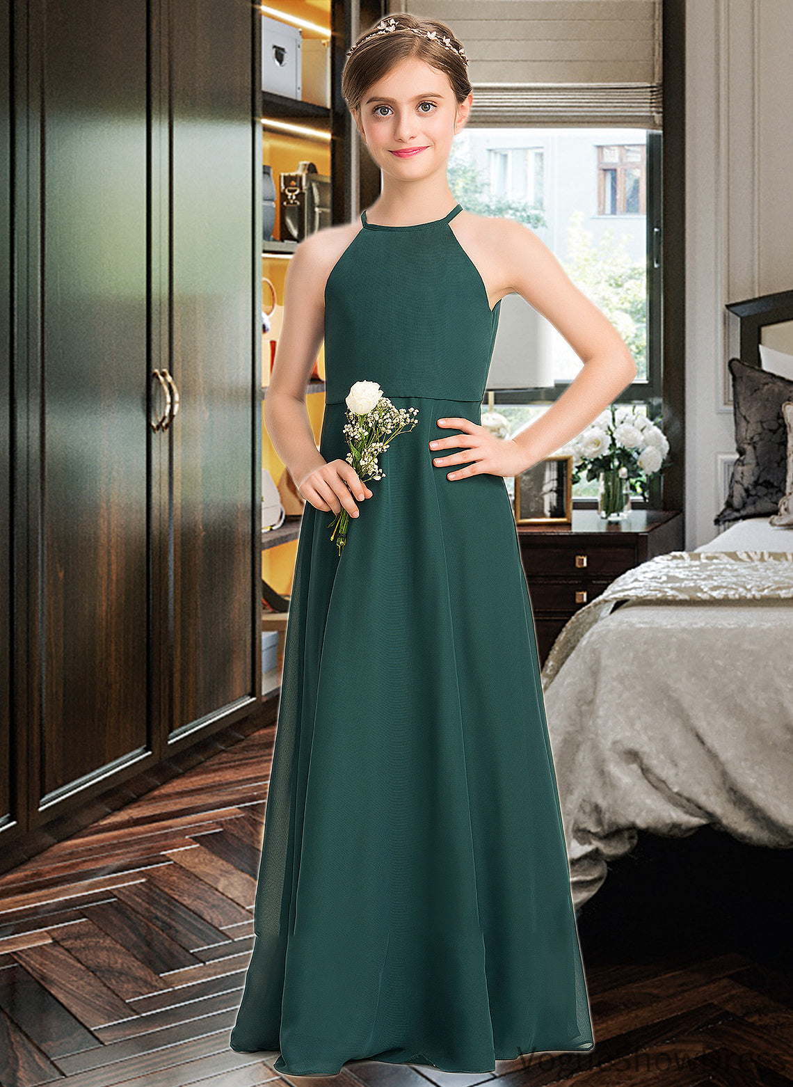 Thelma A-Line Scoop Neck Floor-Length Chiffon Junior Bridesmaid Dress DLP0013442