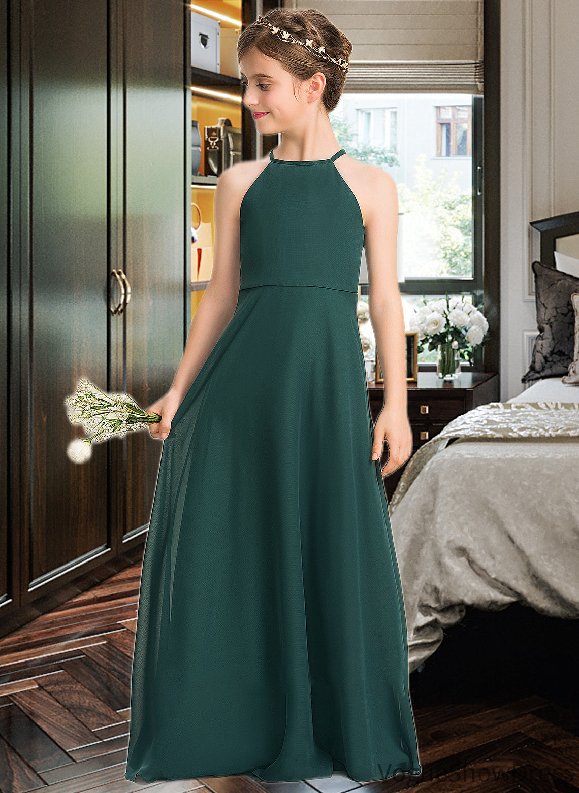 Thelma A-Line Scoop Neck Floor-Length Chiffon Junior Bridesmaid Dress DLP0013442