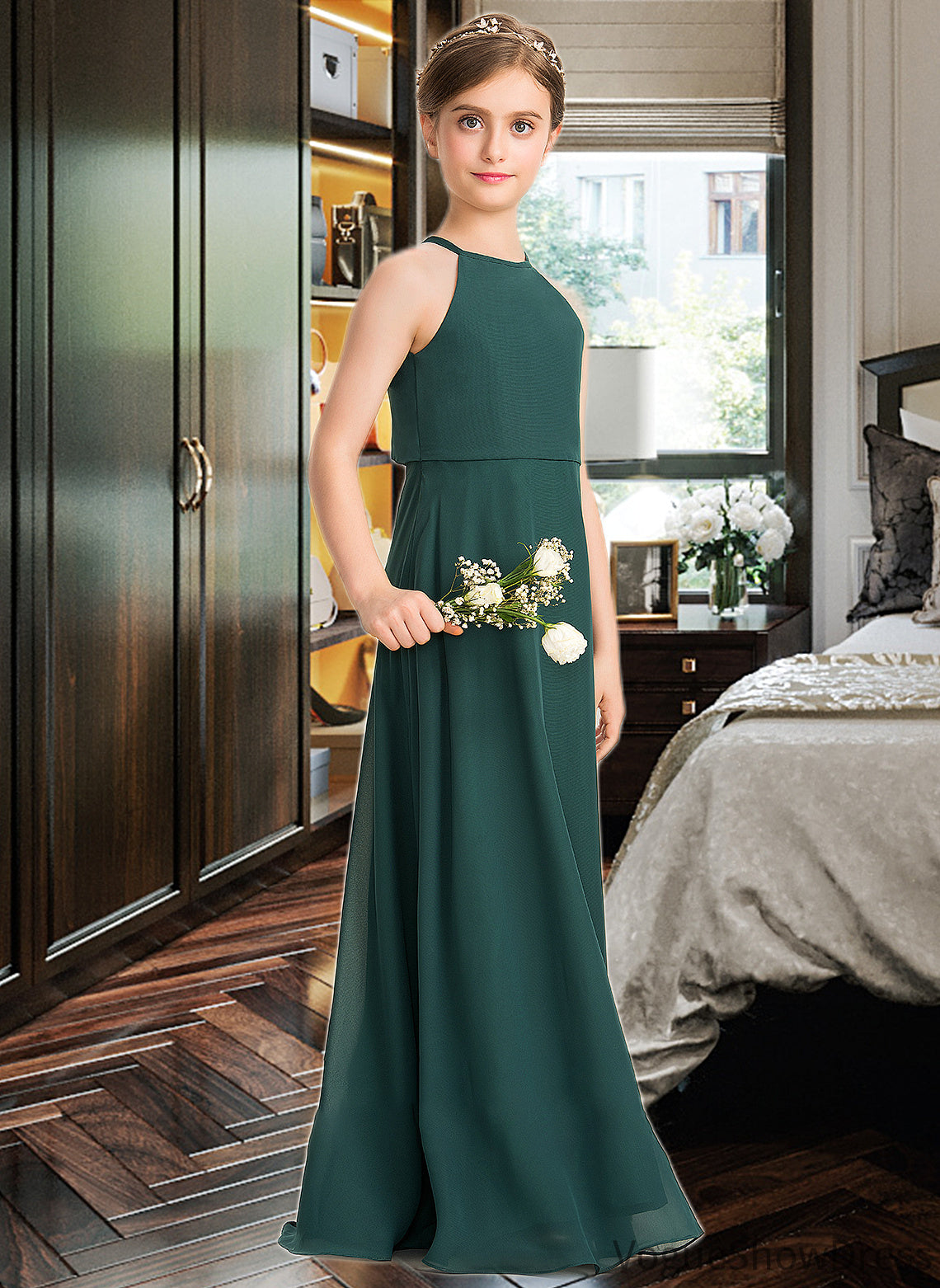 Thelma A-Line Scoop Neck Floor-Length Chiffon Junior Bridesmaid Dress DLP0013442