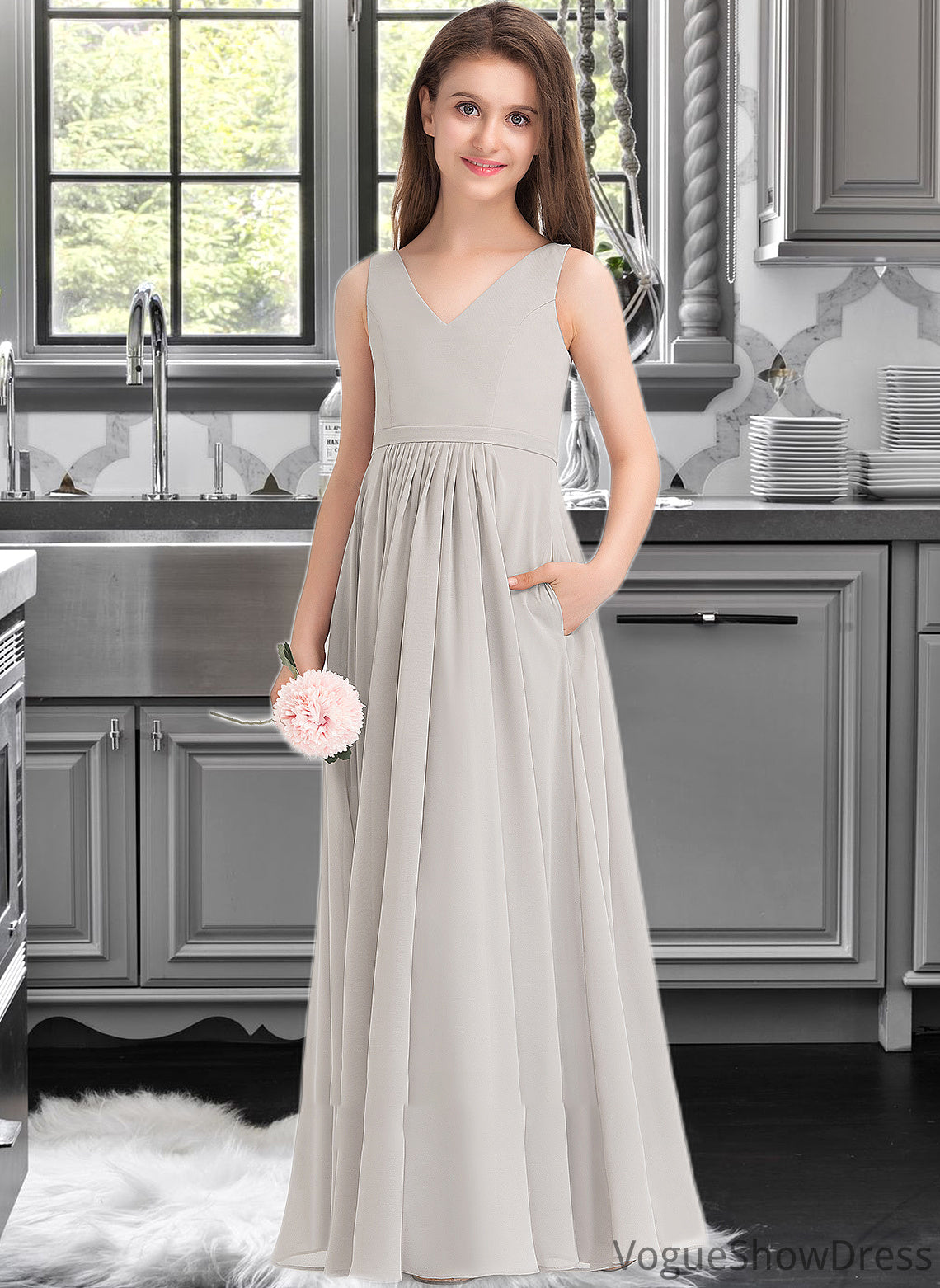 Winnie A-Line V-neck Floor-Length Chiffon Junior Bridesmaid Dress With Pockets DLP0013446