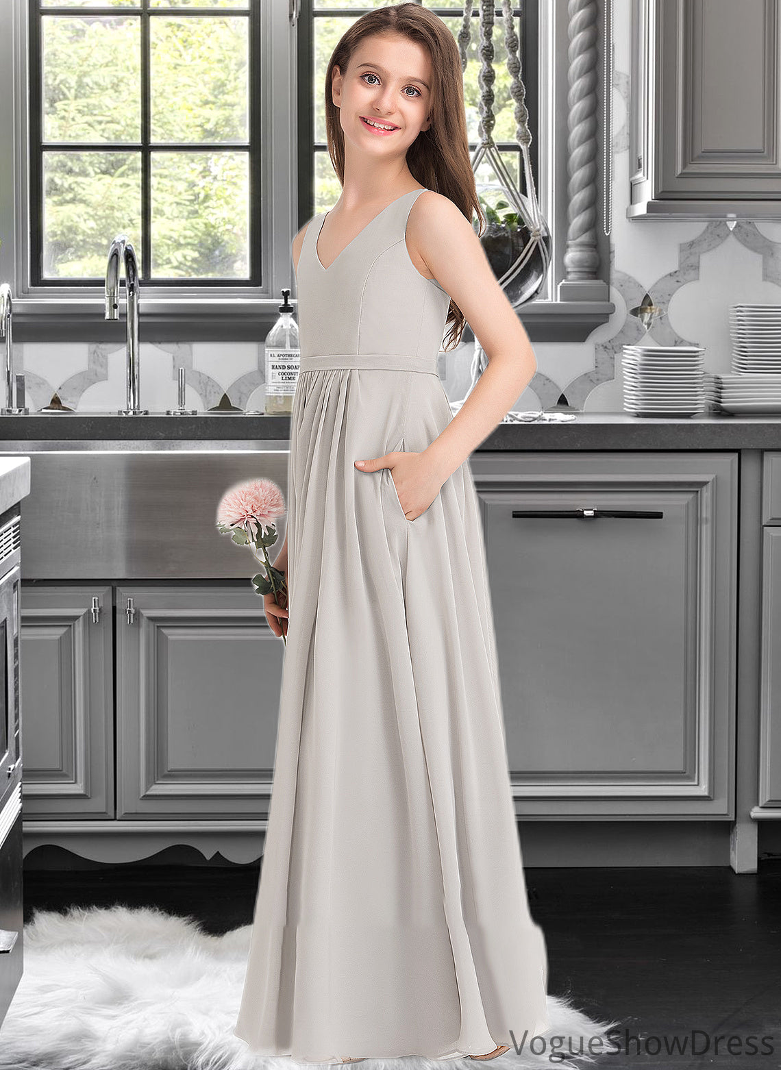 Winnie A-Line V-neck Floor-Length Chiffon Junior Bridesmaid Dress With Pockets DLP0013446