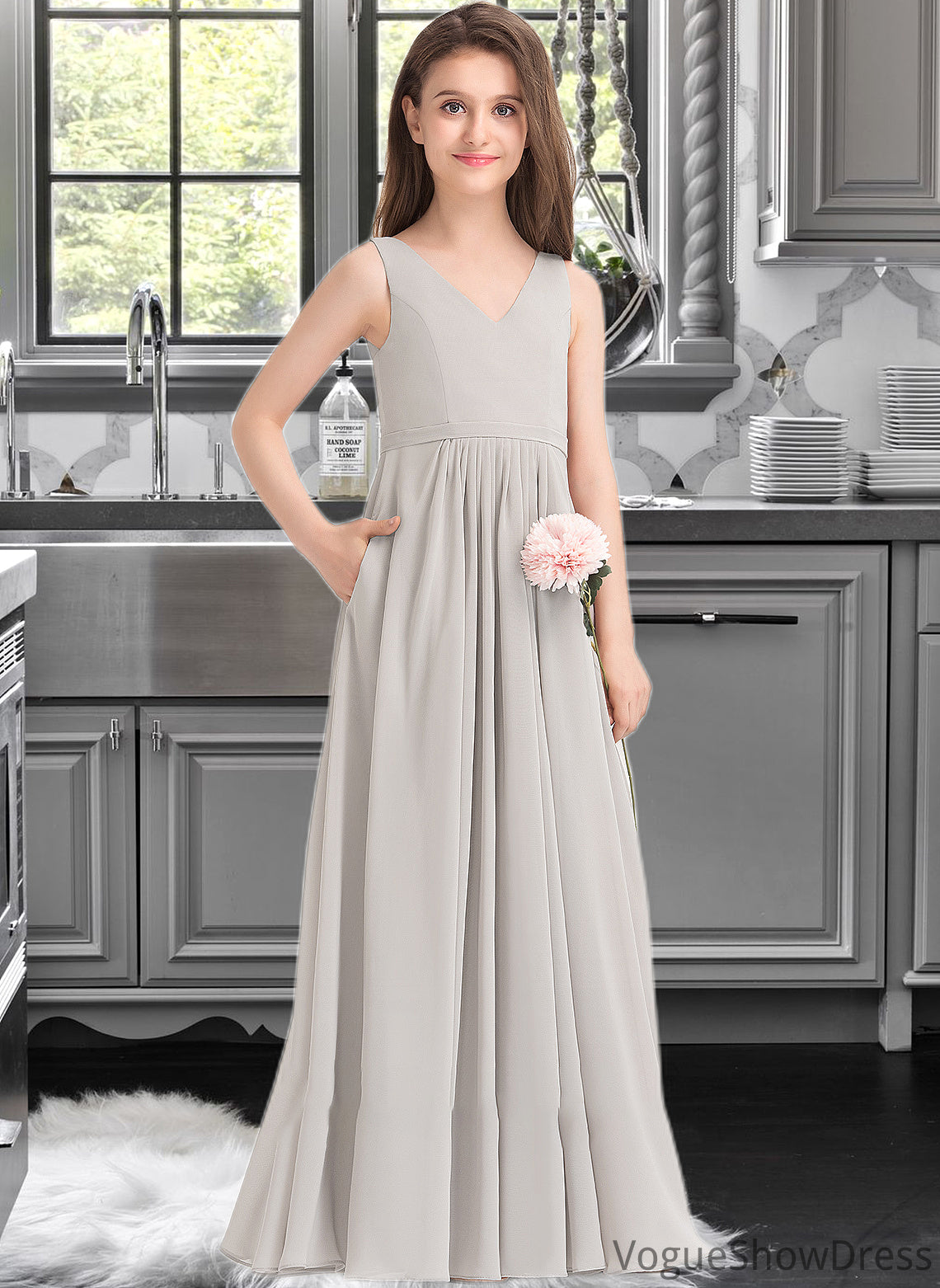 Winnie A-Line V-neck Floor-Length Chiffon Junior Bridesmaid Dress With Pockets DLP0013446