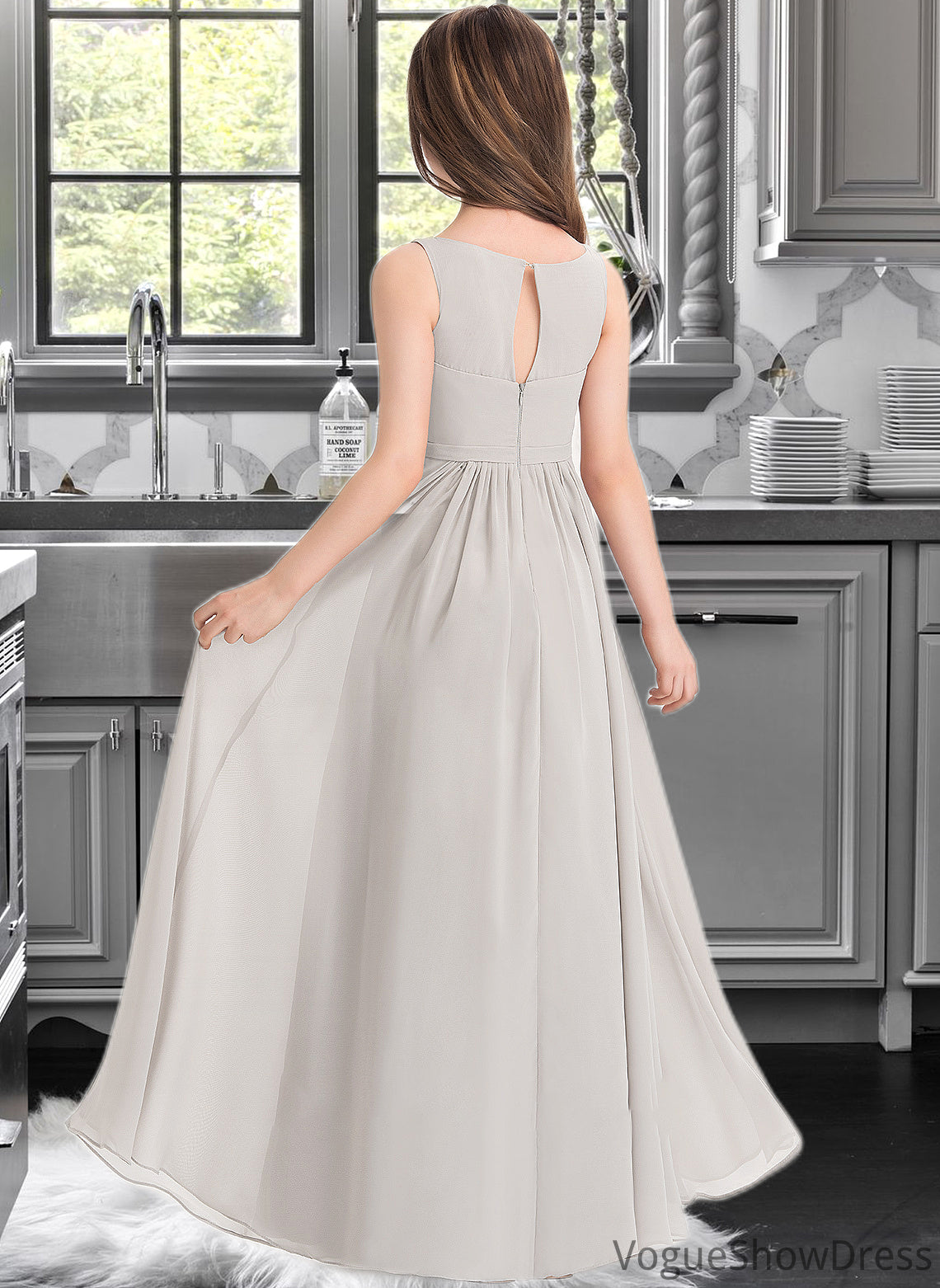 Winnie A-Line V-neck Floor-Length Chiffon Junior Bridesmaid Dress With Pockets DLP0013446