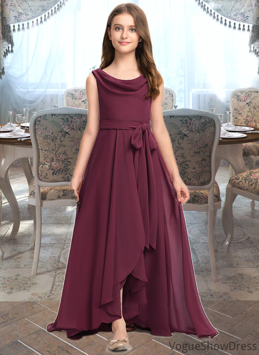 Tess A-Line Cowl Neck Asymmetrical Chiffon Junior Bridesmaid Dress With Bow(s) DLP0013454