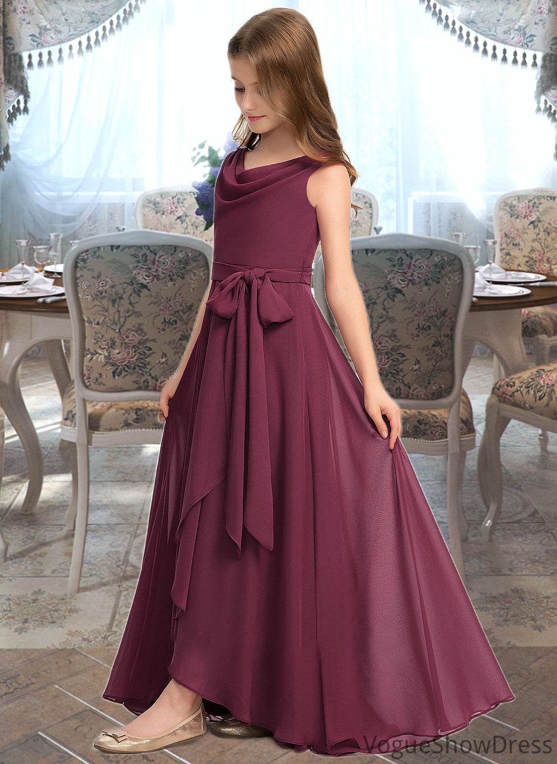 Tess A-Line Cowl Neck Asymmetrical Chiffon Junior Bridesmaid Dress With Bow(s) DLP0013454