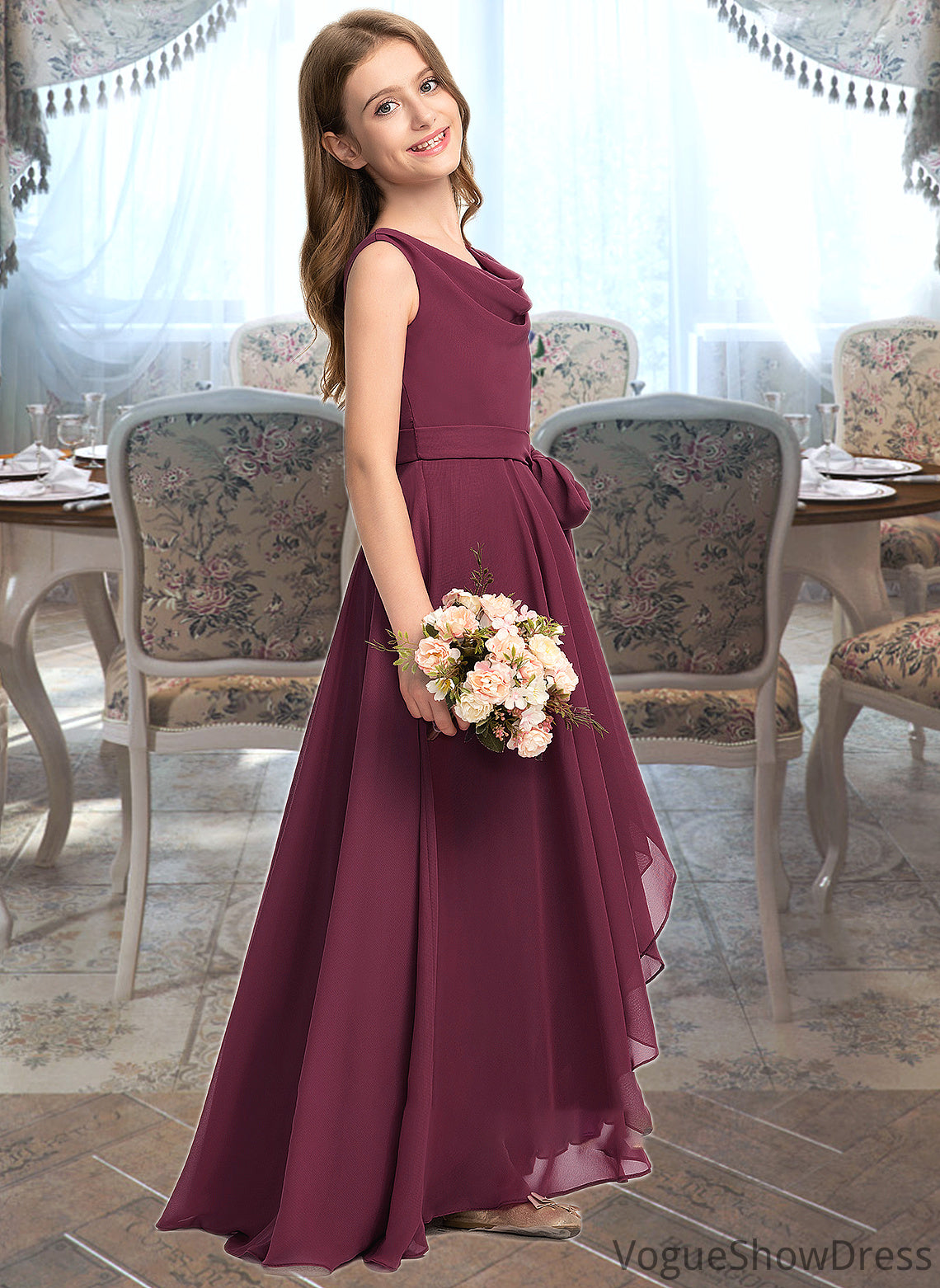 Tess A-Line Cowl Neck Asymmetrical Chiffon Junior Bridesmaid Dress With Bow(s) DLP0013454