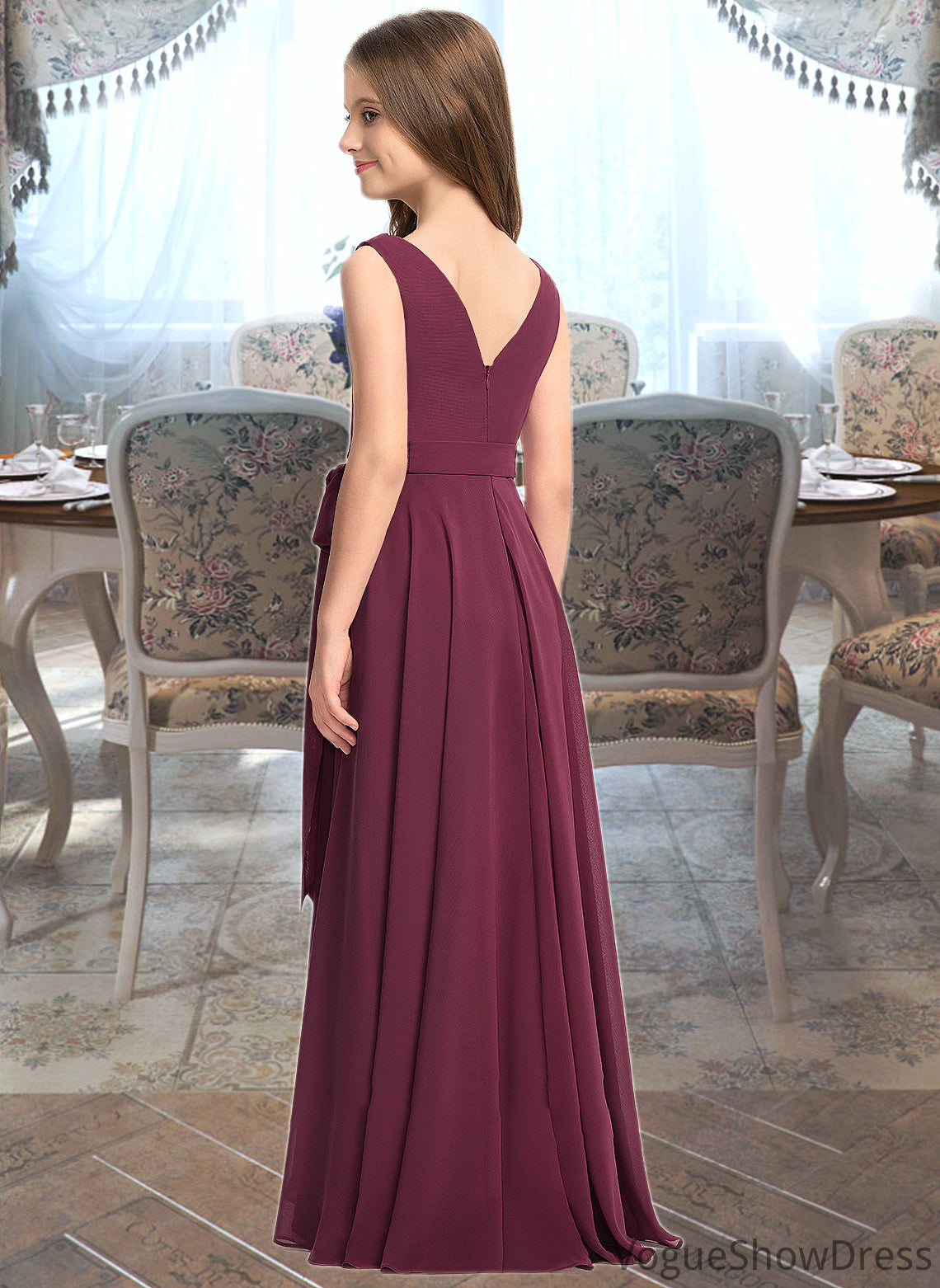 Tess A-Line Cowl Neck Asymmetrical Chiffon Junior Bridesmaid Dress With Bow(s) DLP0013454