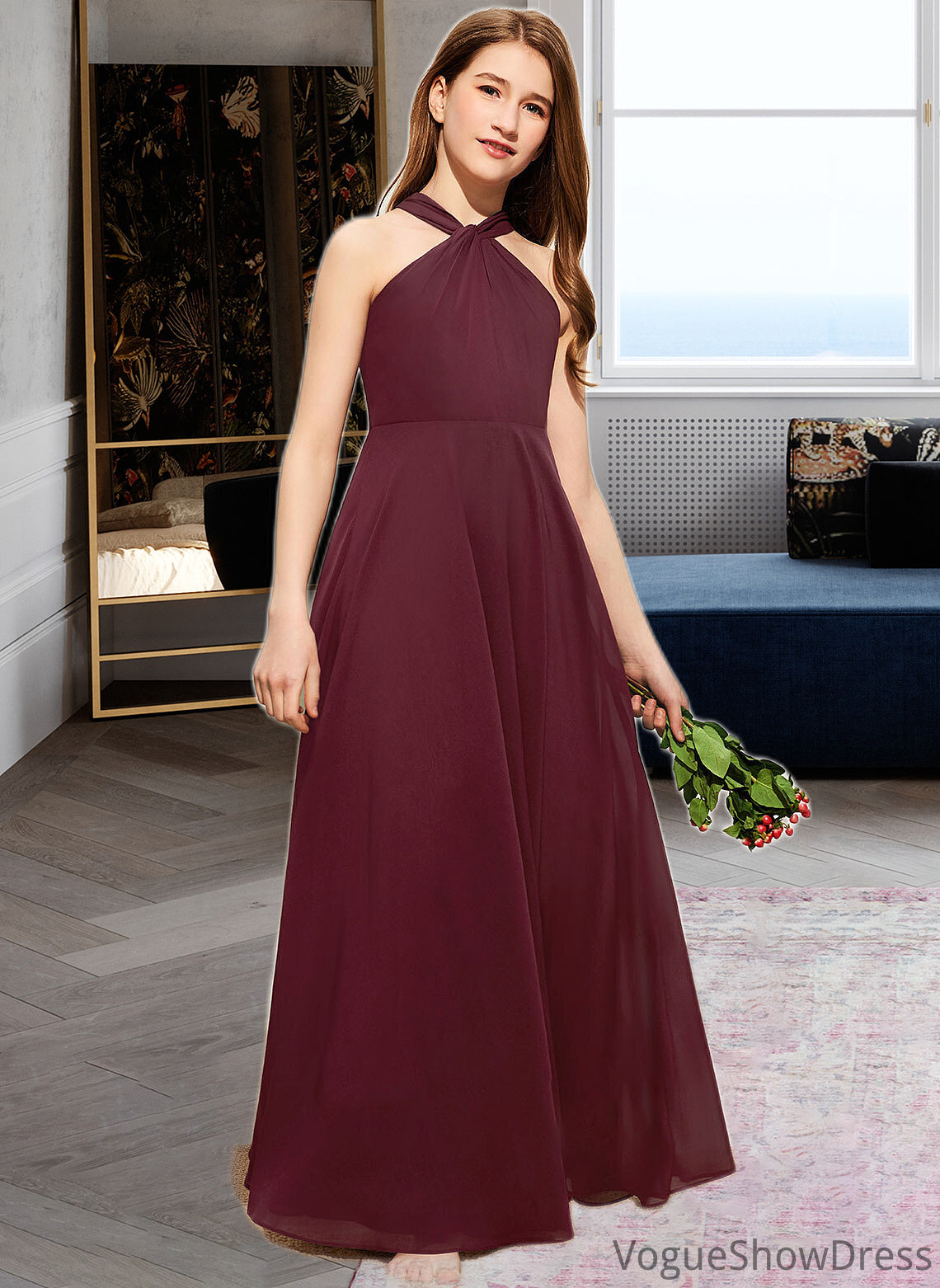 Stephany A-Line V-neck Floor-Length Chiffon Junior Bridesmaid Dress With Ruffle DLP0013468