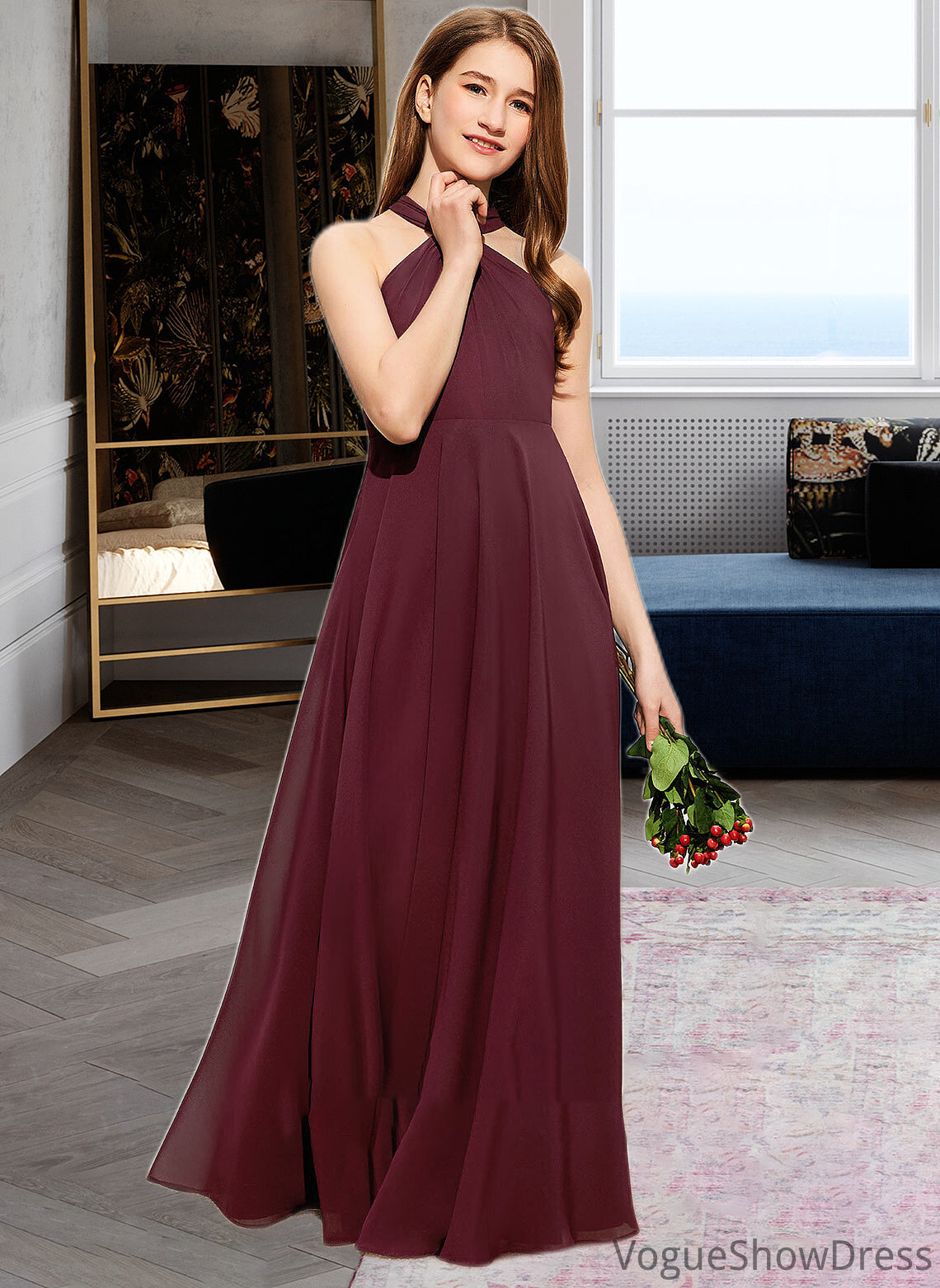 Stephany A-Line V-neck Floor-Length Chiffon Junior Bridesmaid Dress With Ruffle DLP0013468