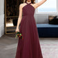 Stephany A-Line V-neck Floor-Length Chiffon Junior Bridesmaid Dress With Ruffle DLP0013468