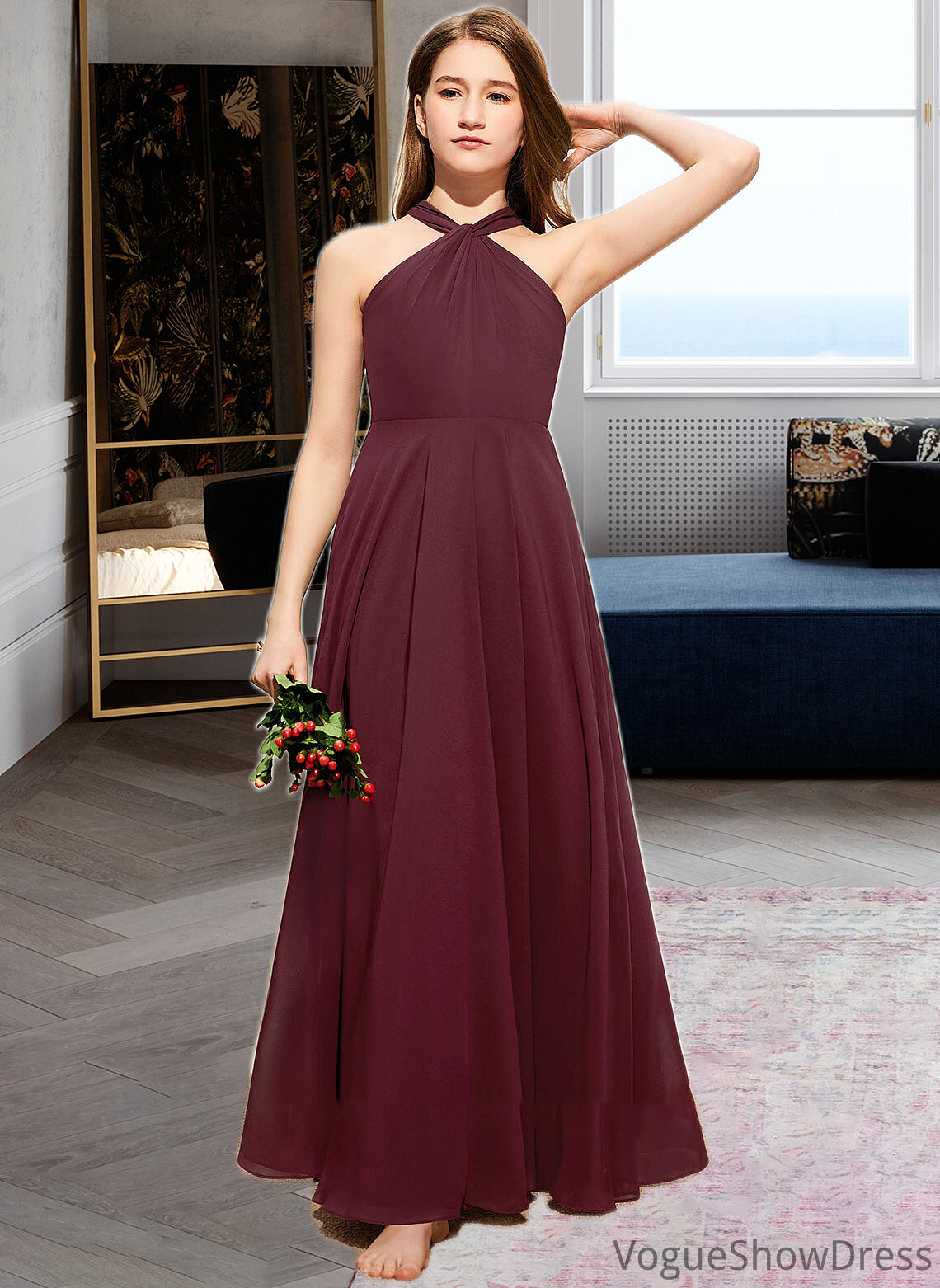 Stephany A-Line V-neck Floor-Length Chiffon Junior Bridesmaid Dress With Ruffle DLP0013468