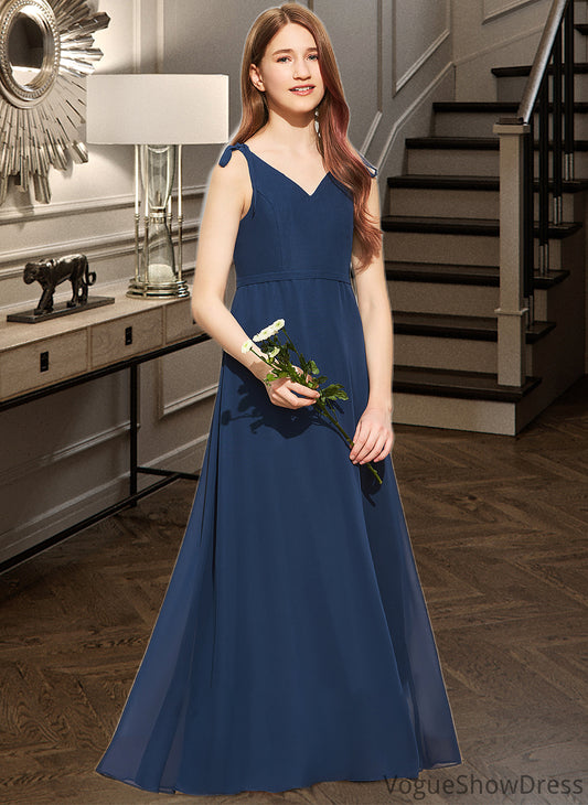 Yvonne A-Line V-neck Floor-Length Chiffon Junior Bridesmaid Dress With Bow(s) DLP0013548