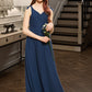 Yvonne A-Line V-neck Floor-Length Chiffon Junior Bridesmaid Dress With Bow(s) DLP0013548