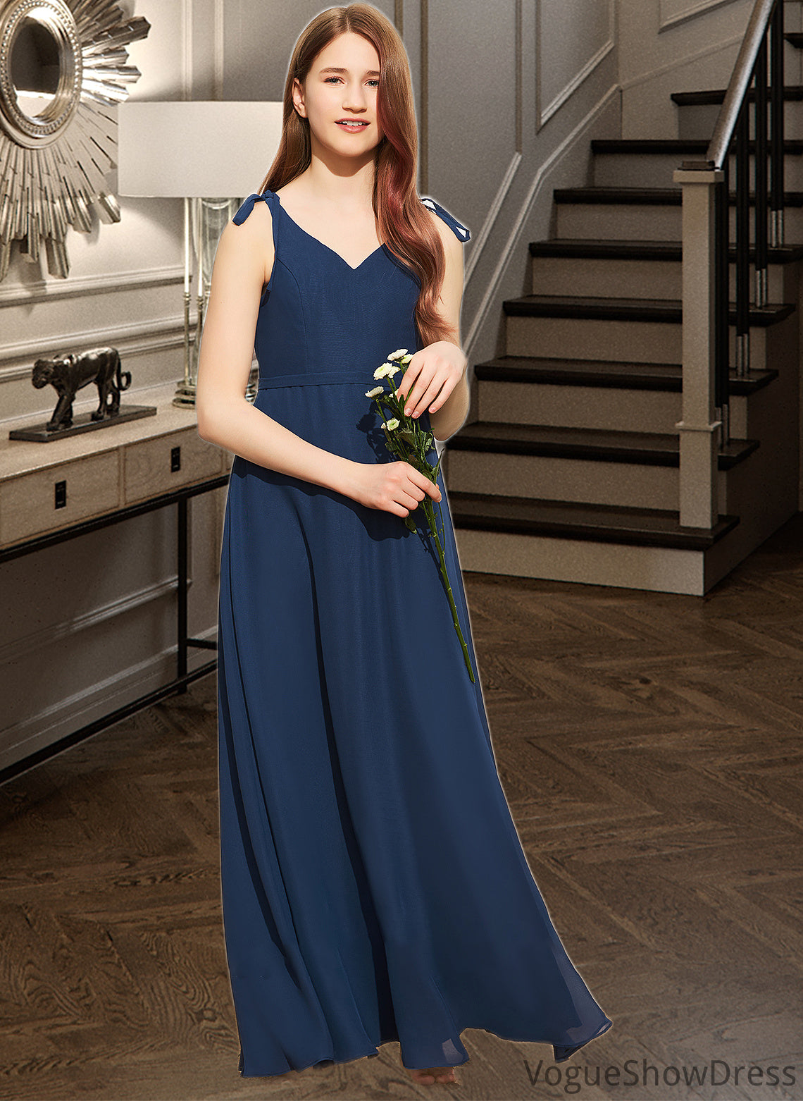 Yvonne A-Line V-neck Floor-Length Chiffon Junior Bridesmaid Dress With Bow(s) DLP0013548