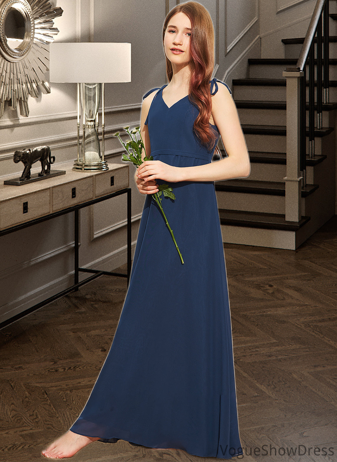 Yvonne A-Line V-neck Floor-Length Chiffon Junior Bridesmaid Dress With Bow(s) DLP0013548