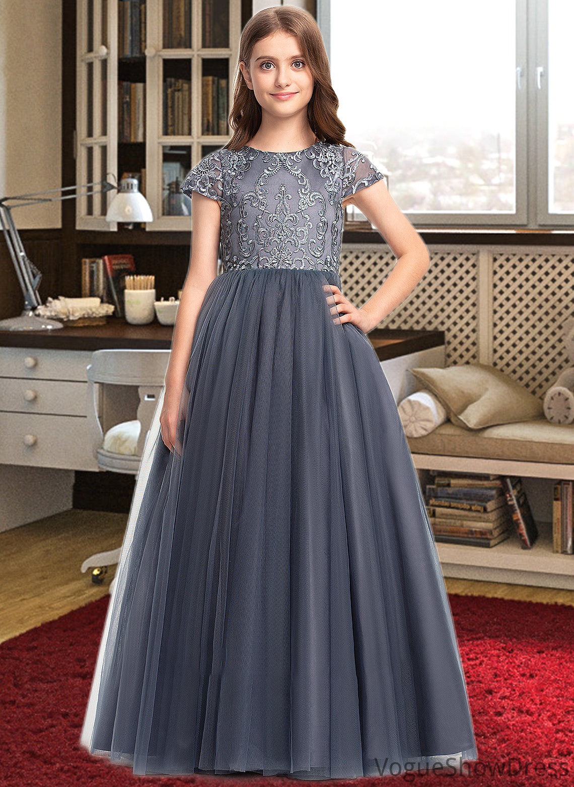 Taniya Ball-Gown/Princess Scoop Neck Floor-Length Tulle Lace Junior Bridesmaid Dress DLP0013578