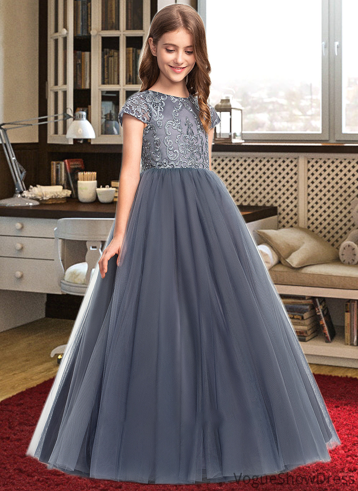 Taniya Ball-Gown/Princess Scoop Neck Floor-Length Tulle Lace Junior Bridesmaid Dress DLP0013578