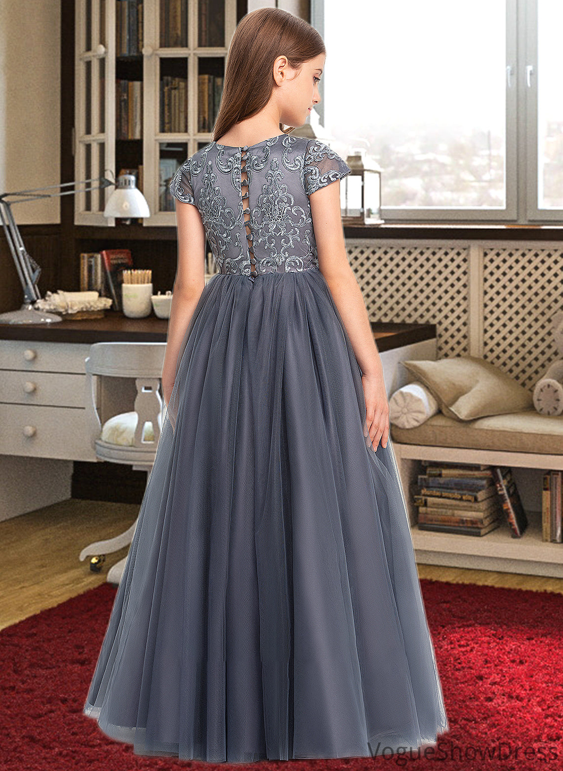 Taniya Ball-Gown/Princess Scoop Neck Floor-Length Tulle Lace Junior Bridesmaid Dress DLP0013578