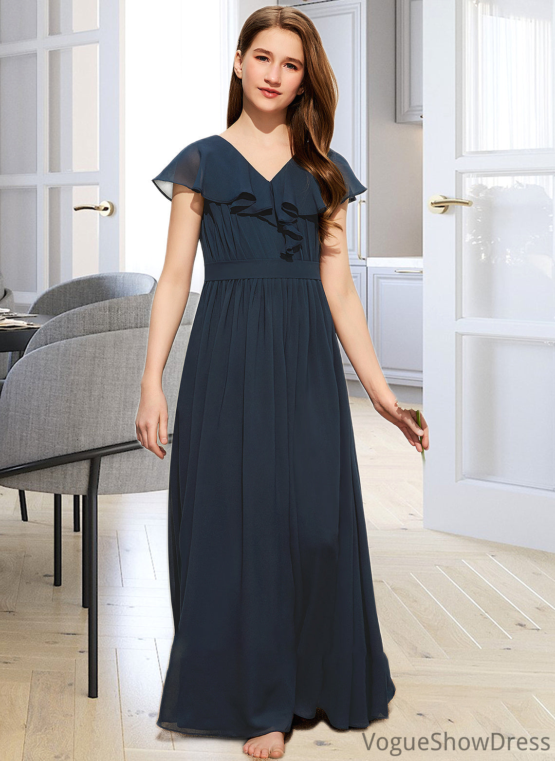 Valeria A-Line V-neck Floor-Length Chiffon Junior Bridesmaid Dress With Bow(s) Cascading Ruffles DLP0013599