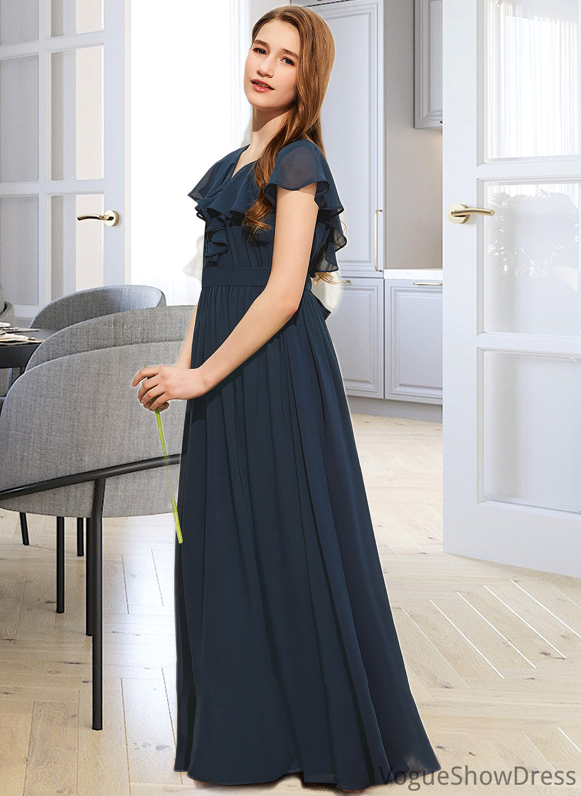 Valeria A-Line V-neck Floor-Length Chiffon Junior Bridesmaid Dress With Bow(s) Cascading Ruffles DLP0013599