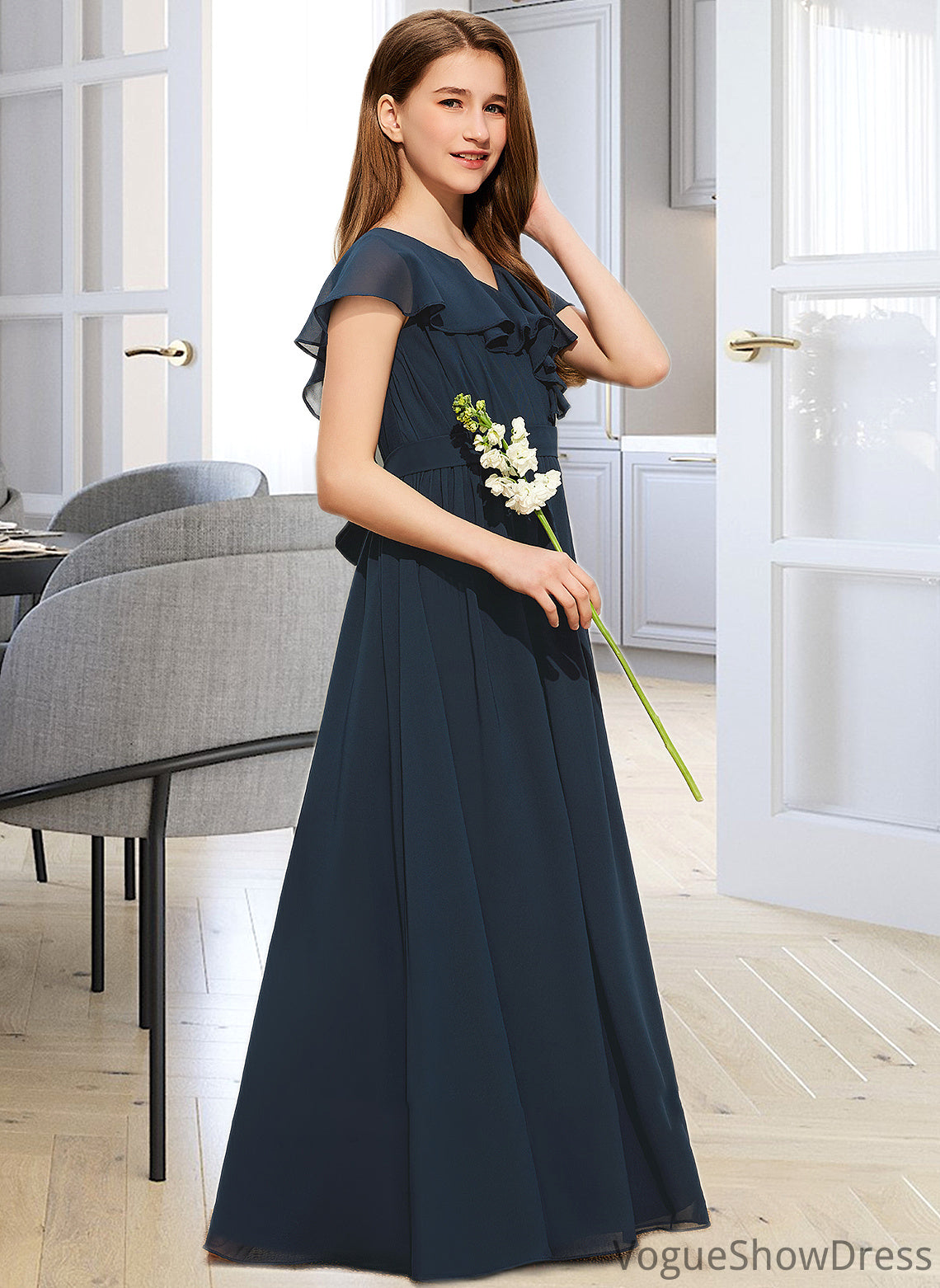 Valeria A-Line V-neck Floor-Length Chiffon Junior Bridesmaid Dress With Bow(s) Cascading Ruffles DLP0013599