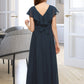 Valeria A-Line V-neck Floor-Length Chiffon Junior Bridesmaid Dress With Bow(s) Cascading Ruffles DLP0013599