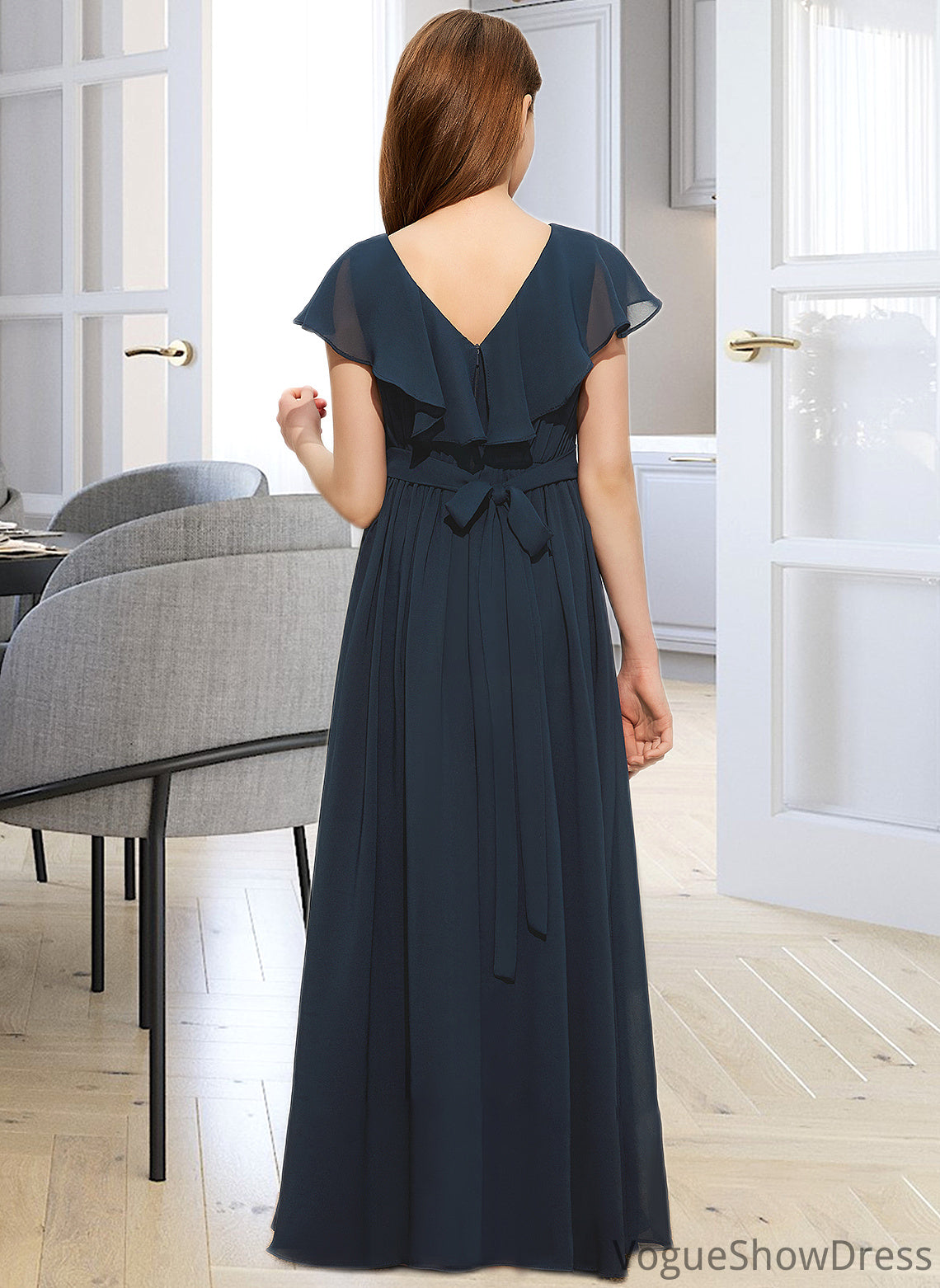 Valeria A-Line V-neck Floor-Length Chiffon Junior Bridesmaid Dress With Bow(s) Cascading Ruffles DLP0013599