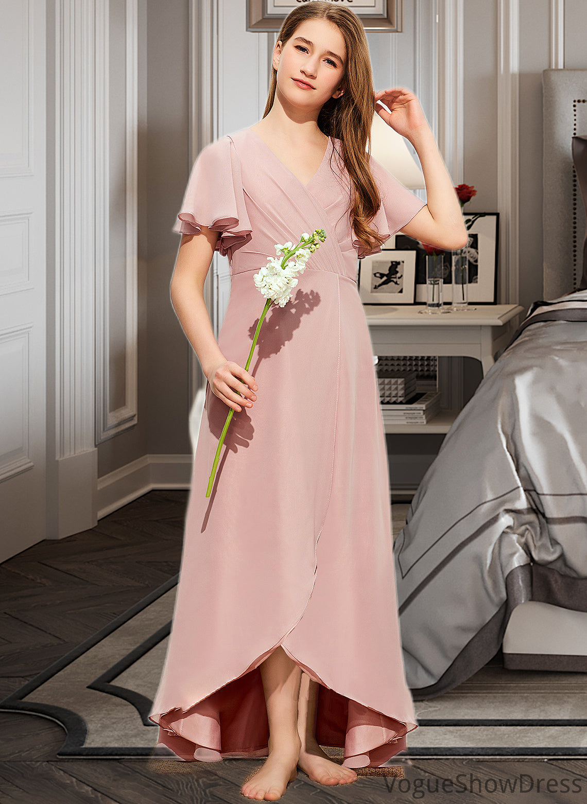 Stephanie A-Line V-neck Asymmetrical Chiffon Junior Bridesmaid Dress With Ruffle DLP0013604