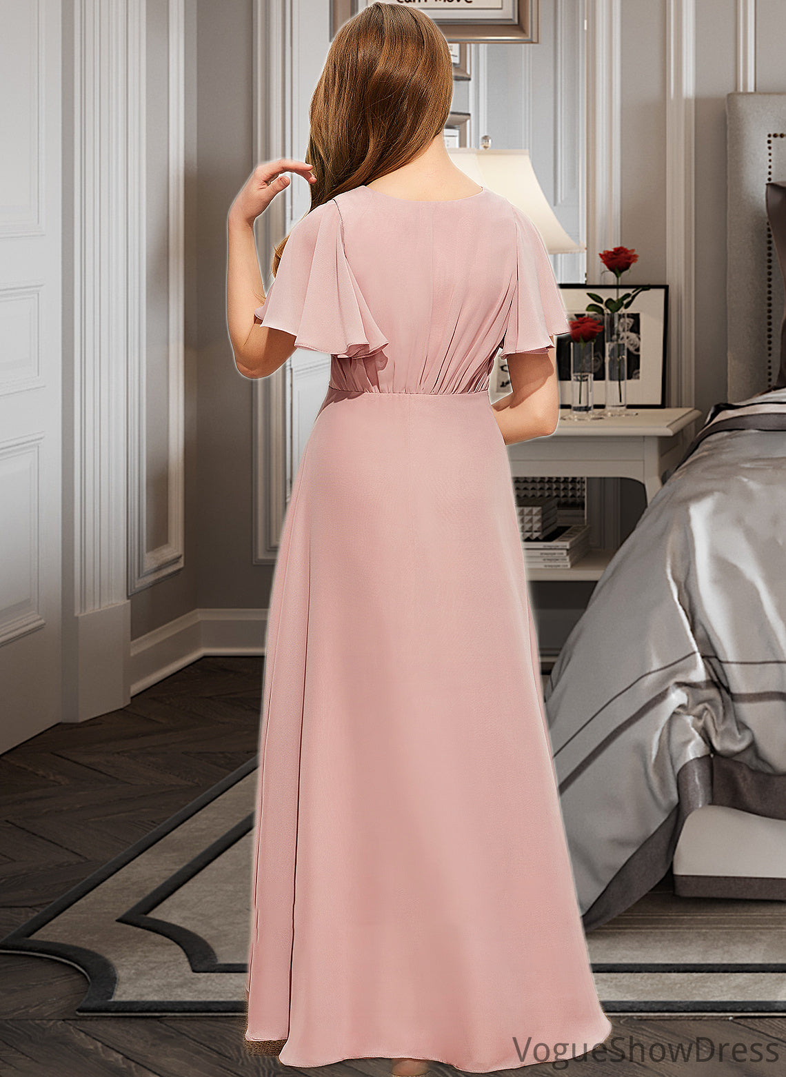 Stephanie A-Line V-neck Asymmetrical Chiffon Junior Bridesmaid Dress With Ruffle DLP0013604