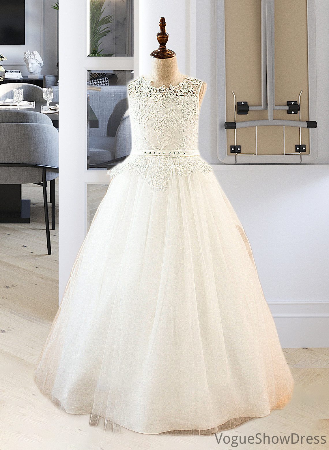 Terri Ball-Gown/PrincessScoopNeckFloor-LengthTulleJuniorBridesmaidDressWithSashBeading#136423 DLP0013615