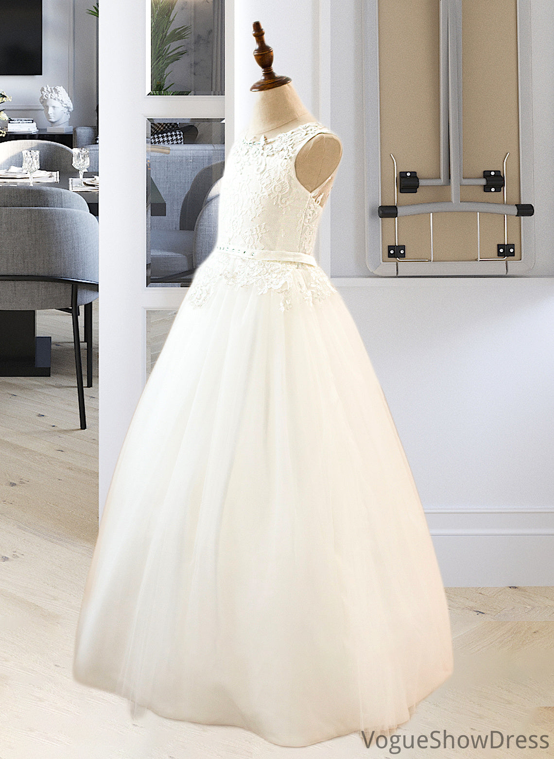 Terri Ball-Gown/PrincessScoopNeckFloor-LengthTulleJuniorBridesmaidDressWithSashBeading#136423 DLP0013615