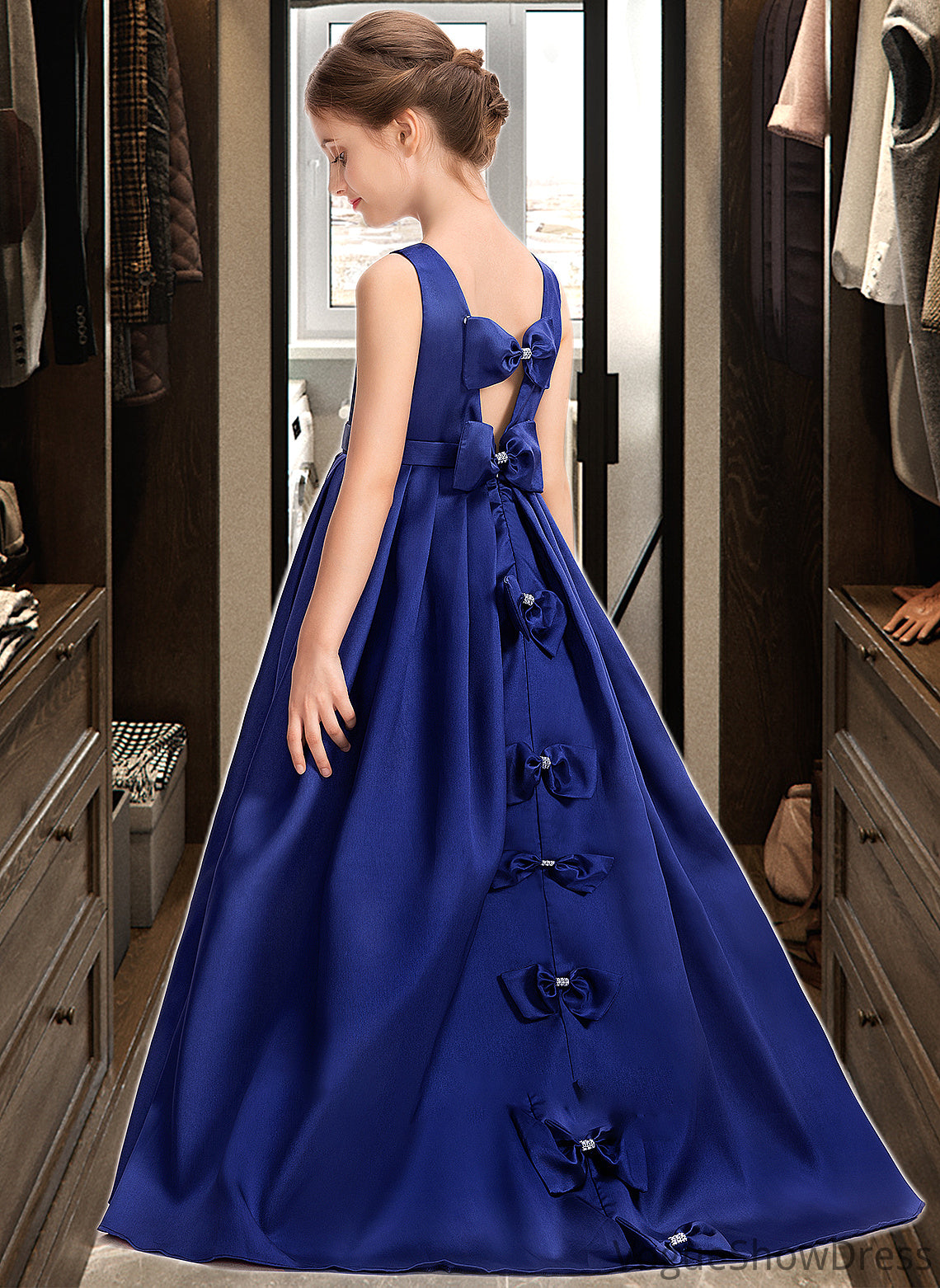 Zara Ball-Gown/Princess Scoop Neck Sweep Train Satin Junior Bridesmaid Dress With Bow(s) DLP0013628